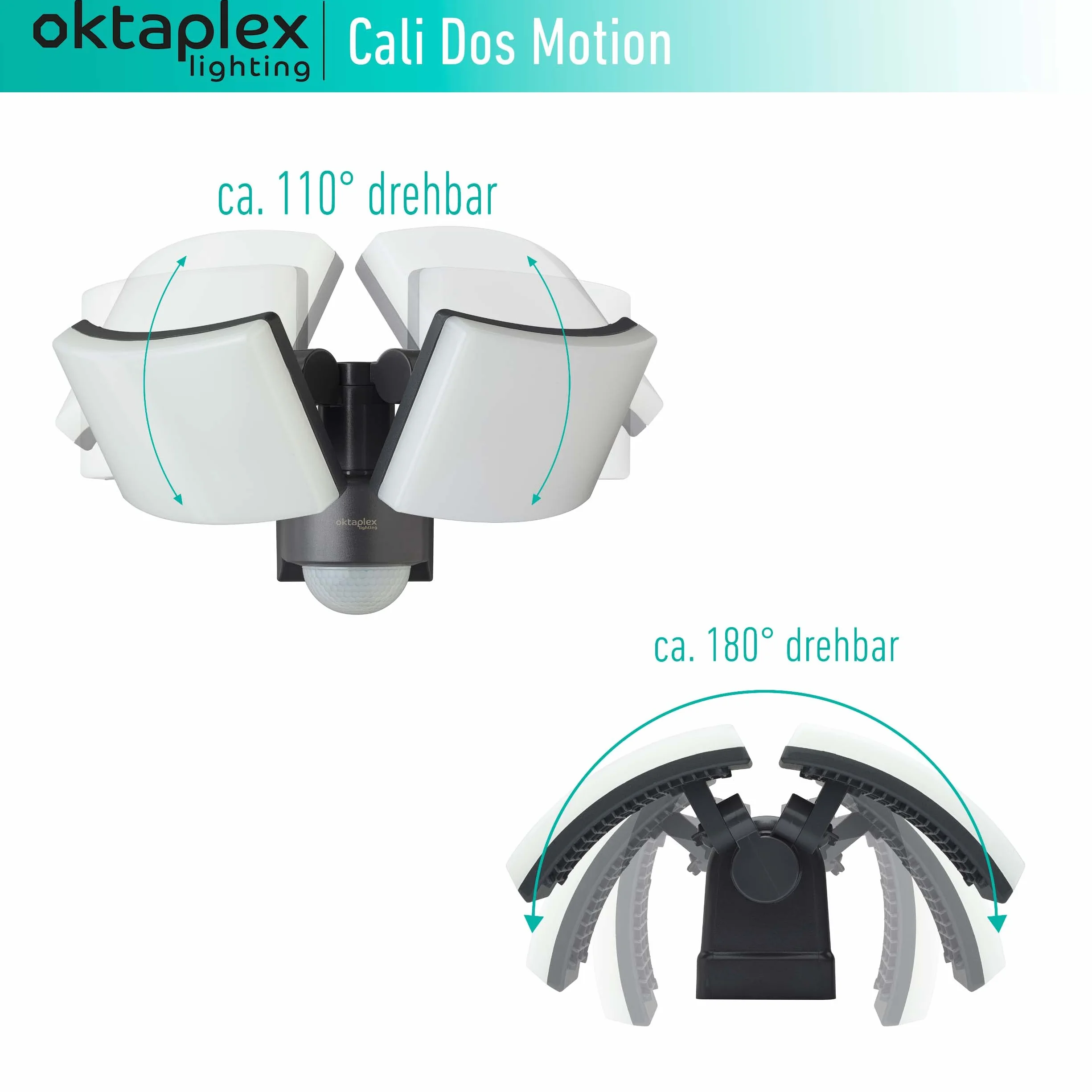 Oktaplex lighting Cali Dos Motion reflektor LED z czujnikiem ruchu, IP65, dwie głowice, 40 W, 3000 K, ciepła biel, reflektor zewnętrzny, antracyt z funkcją Master