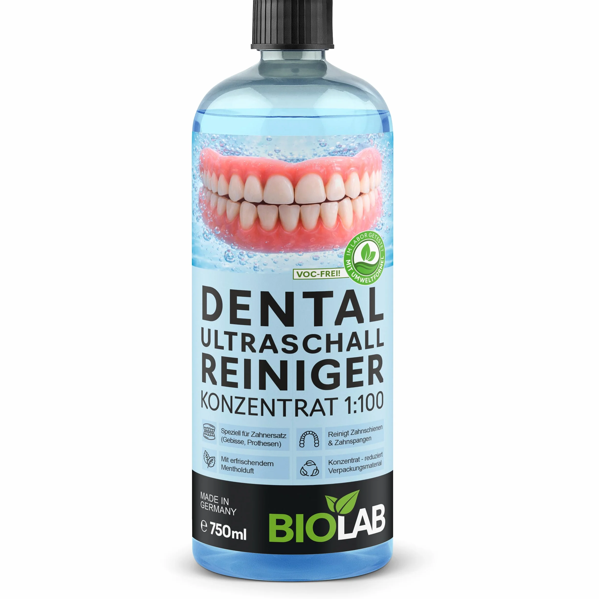 BIOLAB Koncentrat do czyszczenia ultradźwięków dentystycznych (750 ml) do czyszczenia protez, szyn dentystycznych i aparatów ortodontycznych – płyn do ultradźwiękowego urządzenia czyszczącego
