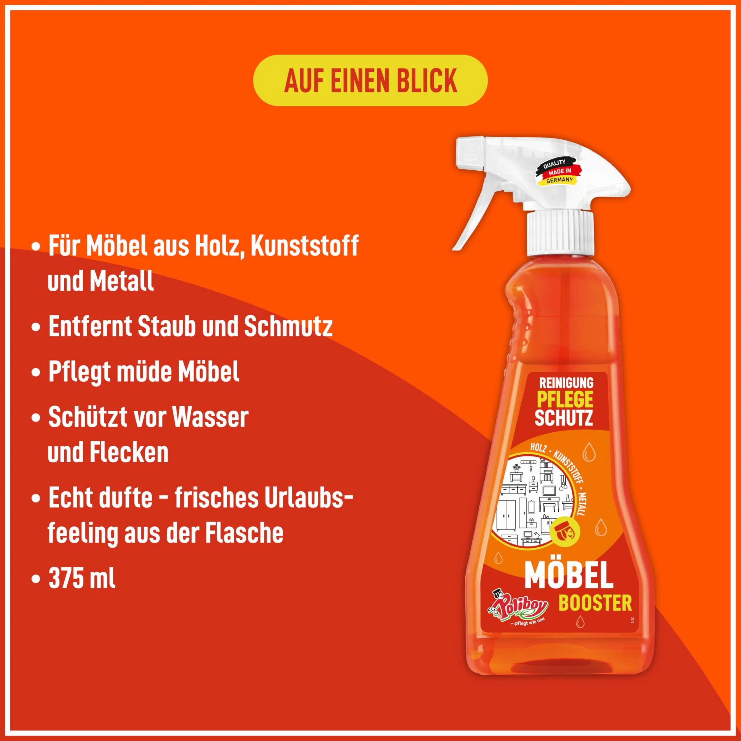 POLIBOY Möbel Booster - Czyszczący środek do pielęgnacji mebli - Jako środek czyszczący do mebli usuwa brud i odświeża - 1x 375 ml - Made in Germany