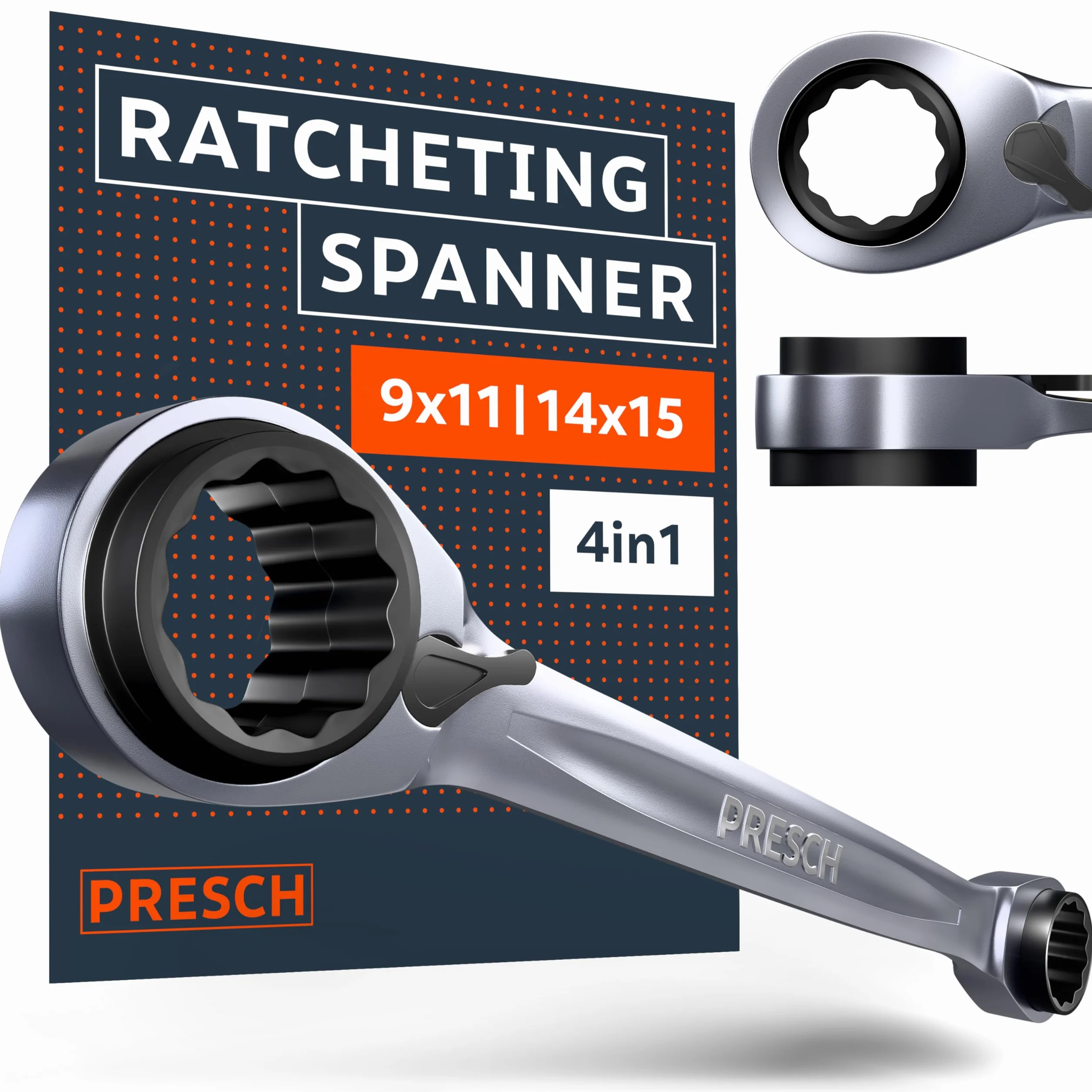 Presch Podwójny klucz grzechotkowy 4 w 1 9/11 mm 14/15 mm 90 zębów kąt powrotu 4°