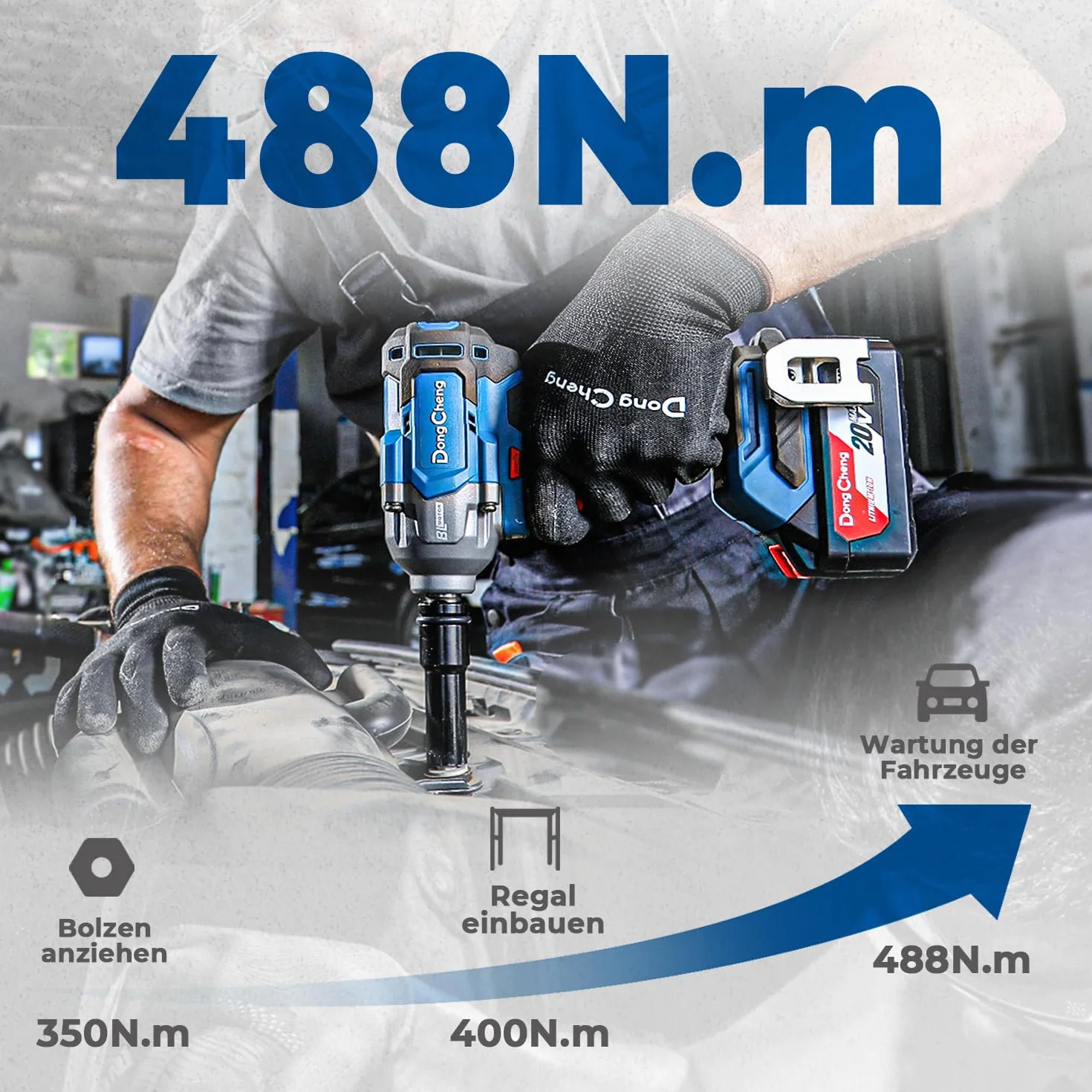 Dong Cheng Akumulatorowa wkrętarka udarowa 18 V, mocowanie 1/2", moment obrotowy 488 Nm, moment zwalniający 682 Nm, bezszczotkowa akumulatorowa wkrętarka udarowa, 3 poziomy mocy, w zestawie akumulator