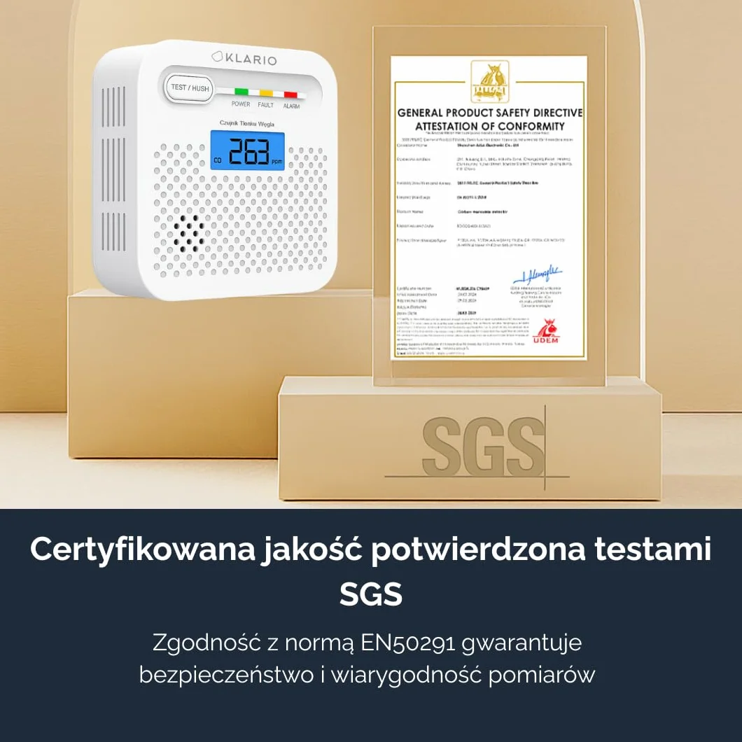 Klario Czujnik Czadu CO WiFi Tuya SmartLife Detektor Tlenku Węgla 85 dB LCD Bateria 10 lat EN50291