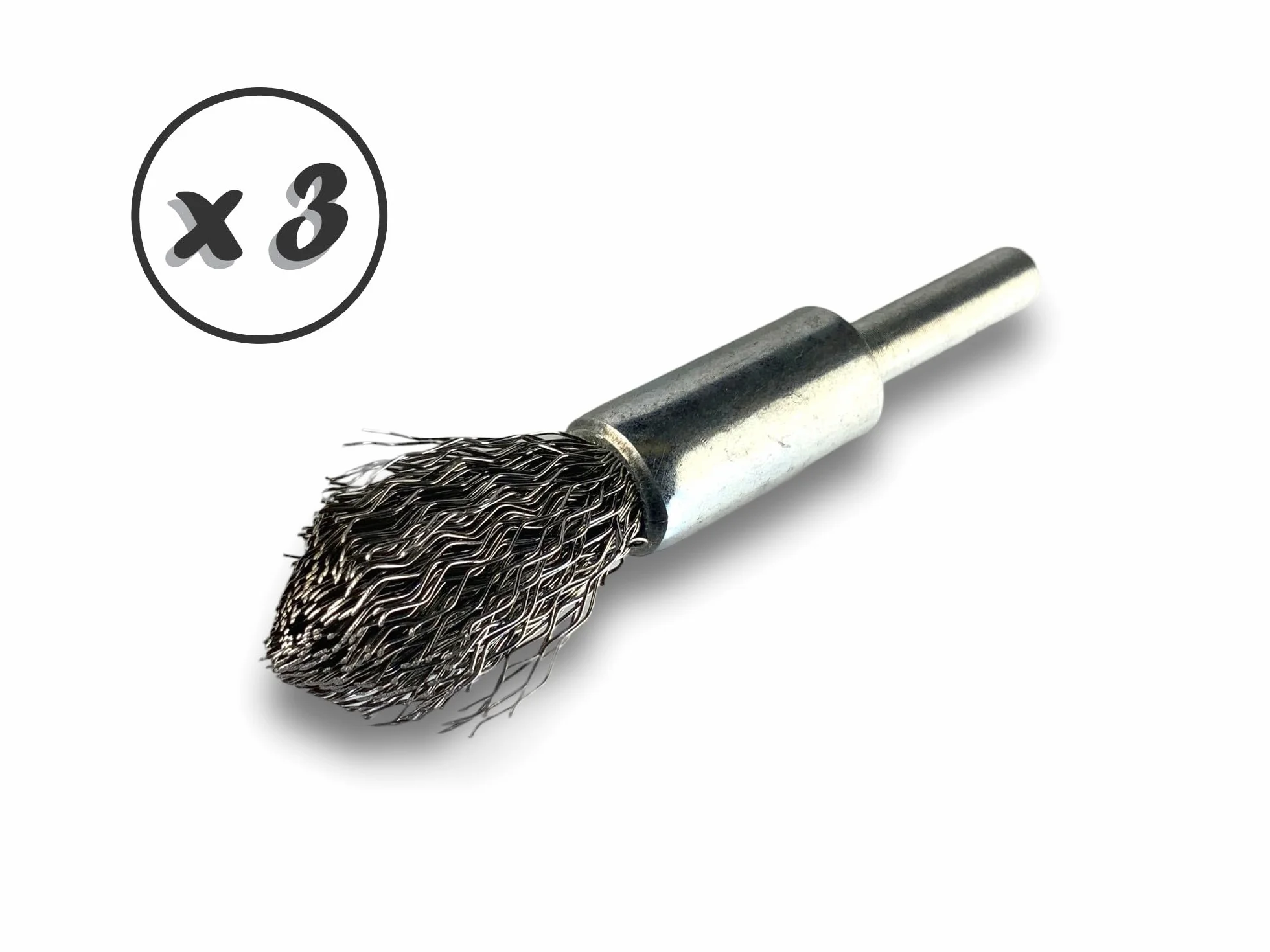 KIBROS 20TC12Px3 zestaw 3 szczotek drucianych ze spiczastym końcem na trzonku | Ø 12 mm | stal twarda 0,40 mm | kształt końcówki | do wiertarki lub wiertarko-wkrętarki | szczotkowanie i bejcowanie |