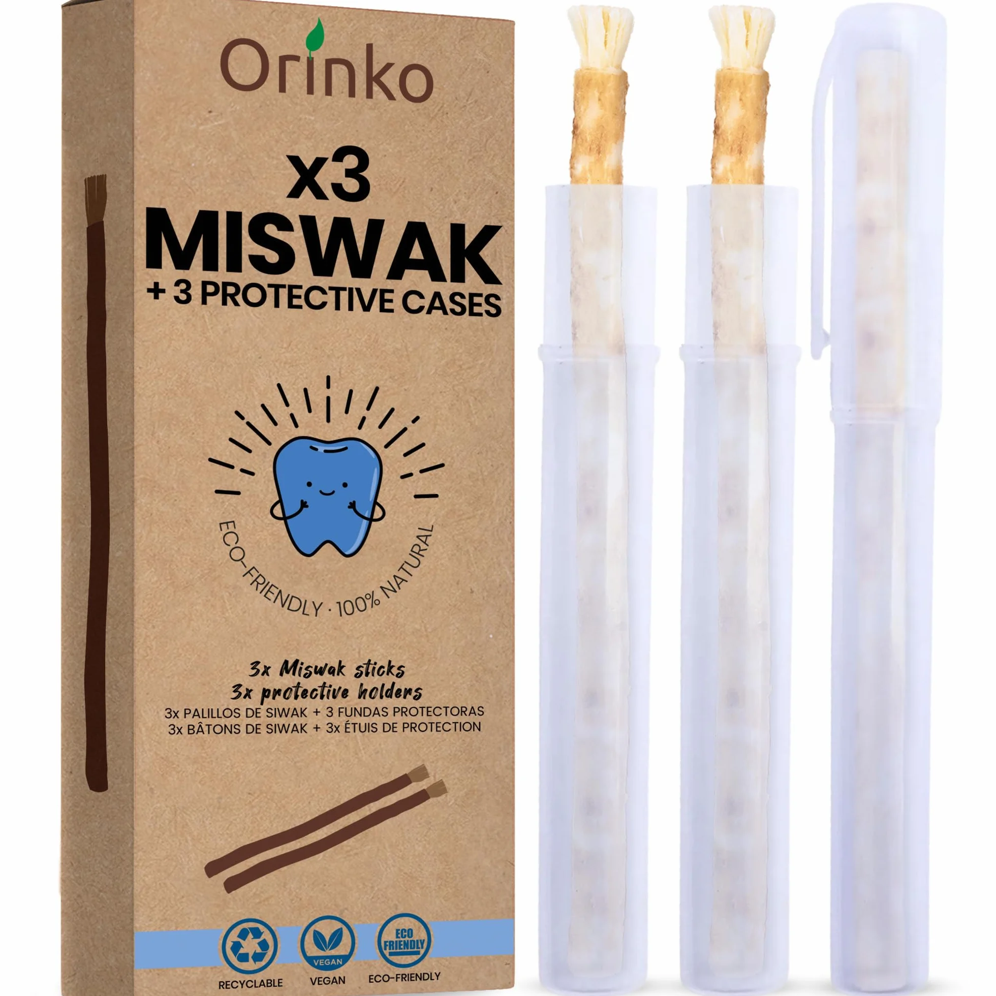 Siwak x3 z 3 etui ochronnymi, 100% naturalna szczoteczka do zębów, środek czyszczący, dezynfekujący i wybielający, ekologiczny, biodegradowalny i wegański, darmowy ebook