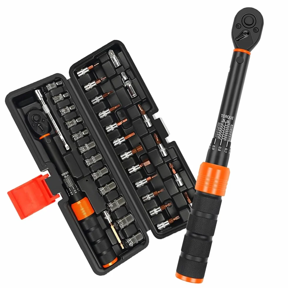 Klucz dynamometryczny do roweru 1/4" 2-24 Nm, 33-częściowy zestaw kluczy Torque z grzechotką (72 zęby), dokładność ±3%, do roweru, motocykla, montażu mebli, w zestawie bity i adaptery