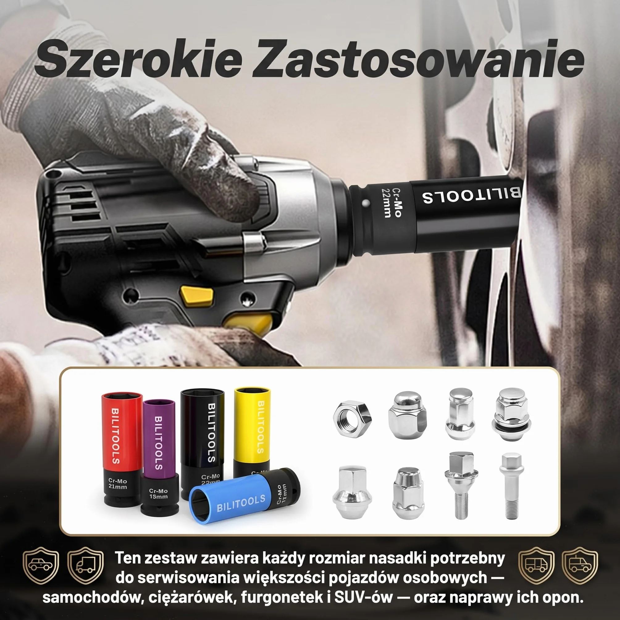 BILITOOLS 1/5.1 cm zestaw nasadek nasadowych z nasadką udarową, 15 17 19 21 22 mm niebrudzące się cienkie koło ścienne osłona nakrętki nasadowej