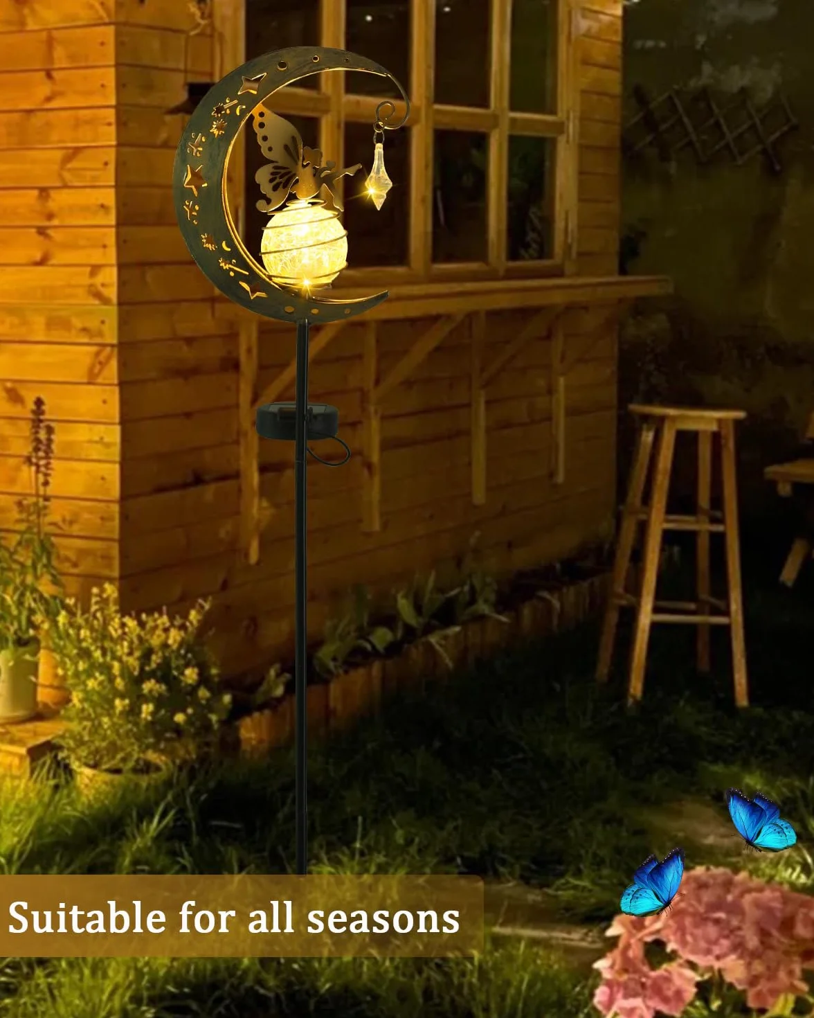 Moon Solar Lights Dekoracja tarasu ogrodowego,Elf/Flower Fairy Wodoodporna lampa słoneczna,Metalowe figurki ogrodu Dekoracja ogrodu,Zewnętrzna lampa słoneczna na zewnątrz,Na taras Balkon Pile Path