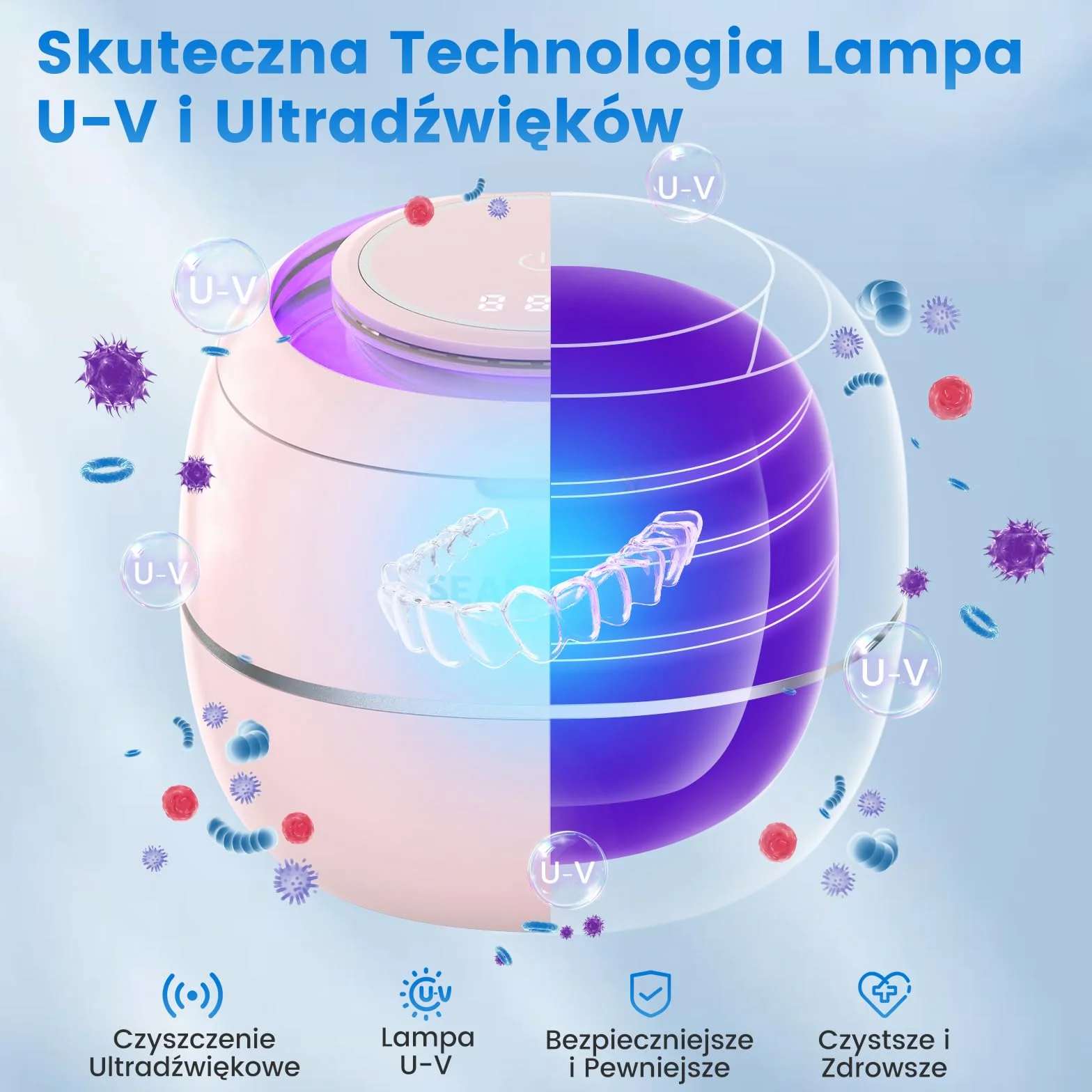 SEANCHEER Urządzenie Do Czyszczenia Ultradźwiękowego | 48000Hz | 24W | 180ML | Czyścik Ultradźwiękowy z lampą UV Do | Protez | Retainerów | Alignerów | Szyn Zębowych | Biżuterii | (Różowy)