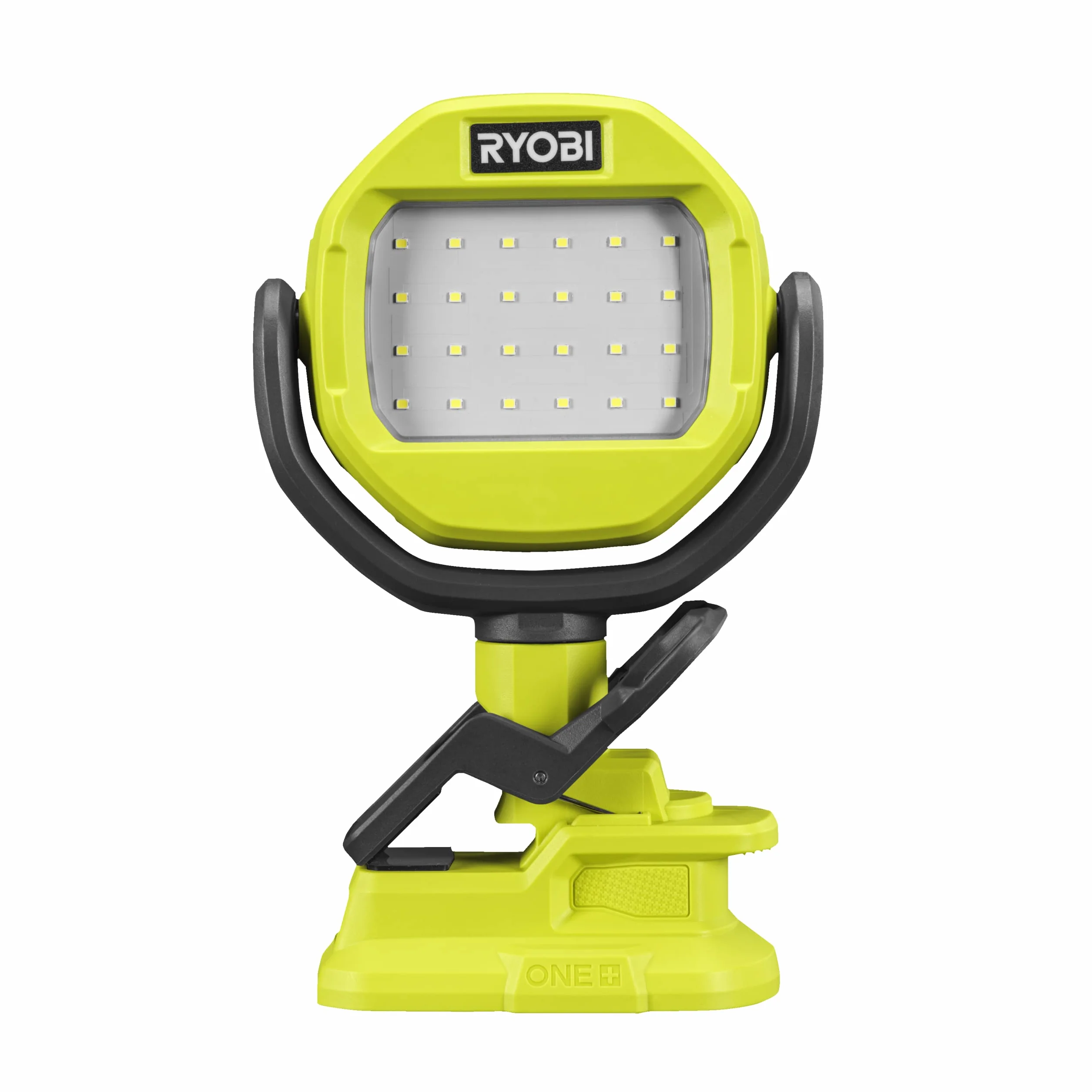 Ryobi Lampa 18V, RLCL18-0, Emituje Światło do 1000 Lumenów, 2 Tryby Pracy, Obrotowa Głowica 360 °, Różne Opcje Montażu, Zacisk do Mocowania, Zestaw Nie Zawiera Akumulatora i Ładowarki