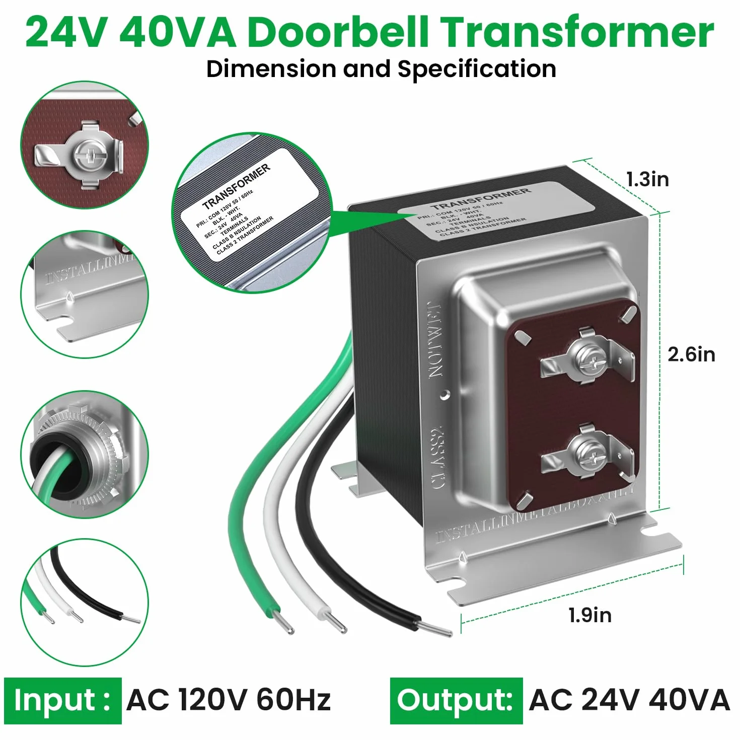 Auspow Transformator dzwonka do drzwi 24 V 40 VA do dzwonków wideo pierścieniowych, przewodowy zasilacz transformatora do drzwi, kompatybilny z dzwonkami wideo Ring, Nest Hello, Wyze i Eufy