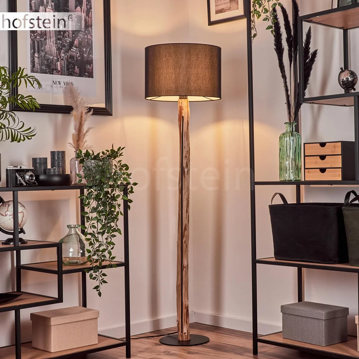 Lampa stojąca Saladillo, nowoczesna lampa stojąca z drewna/metalu/materiału w kolorze naturalnym/czarnym/białym, lampa w skandynawskim stylu z okrągłym kloszem (Ø 38 cm) i przełącznikiem nożnym,