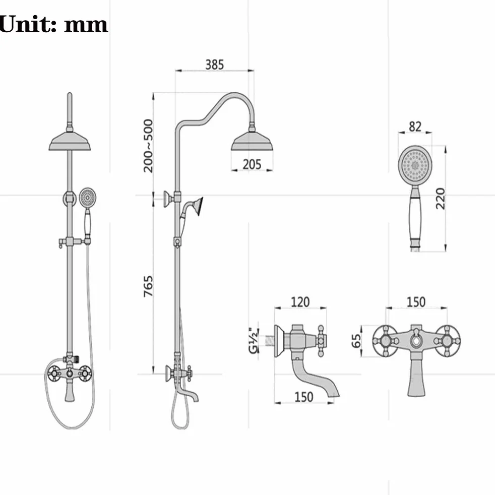 Zestaw prysznicowy z mieszaczem Antyczny prysznic kranowy Czarny zestaw prysznicowy łazienkowy Głowica prysznicowa 2 uchwyty Naścienny system prysznicowy w stylu ceramicznym Bateria wannowa, A