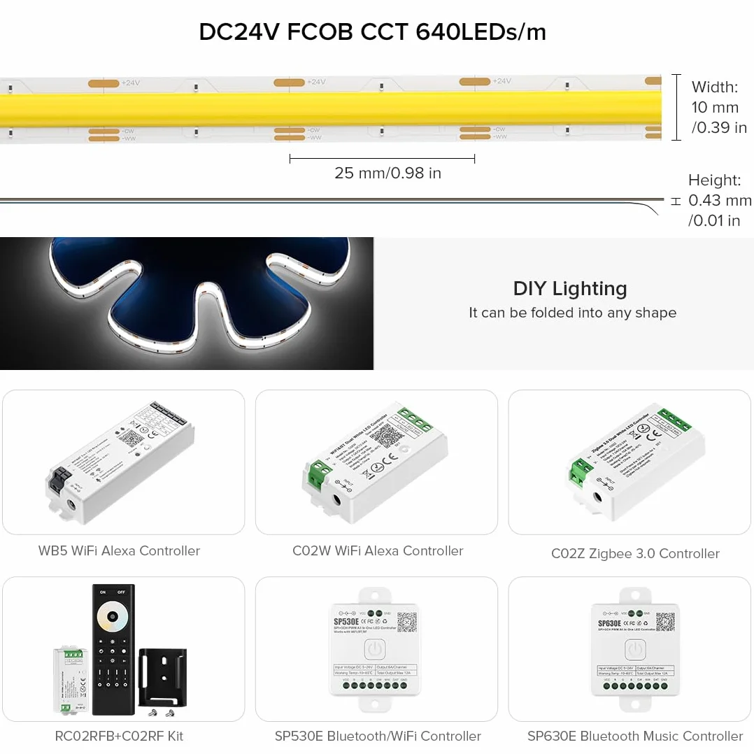 BTF-LIGHTING FCOB COB FOB elastyczna taśma LED High Density CCT 2 x 5 m 640 LEDS/M DC24 V 14 W/M regulowana 3000-6000 K CRI> 90 ściemniana, odkształcalna taśma LED do dekoracji wnętrz DIY (tylko