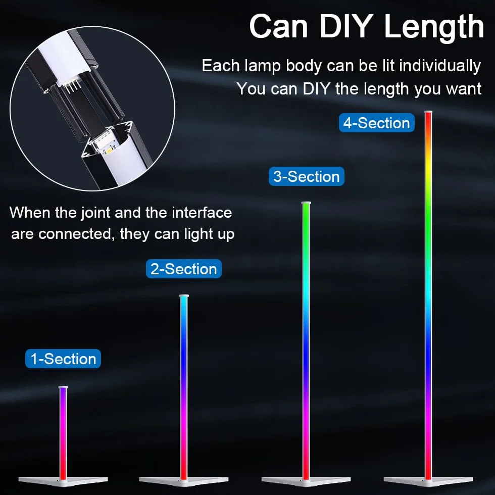Lampa stojąca LED, 2 sztuki, 140 cm, RGBIC, możliwość ściemniania, z aplikacją, wysokość DIY zdejmowana, 16 milionów kolorów, 300 trybów scenerii, synchronizacja muzyki, programator czasowy