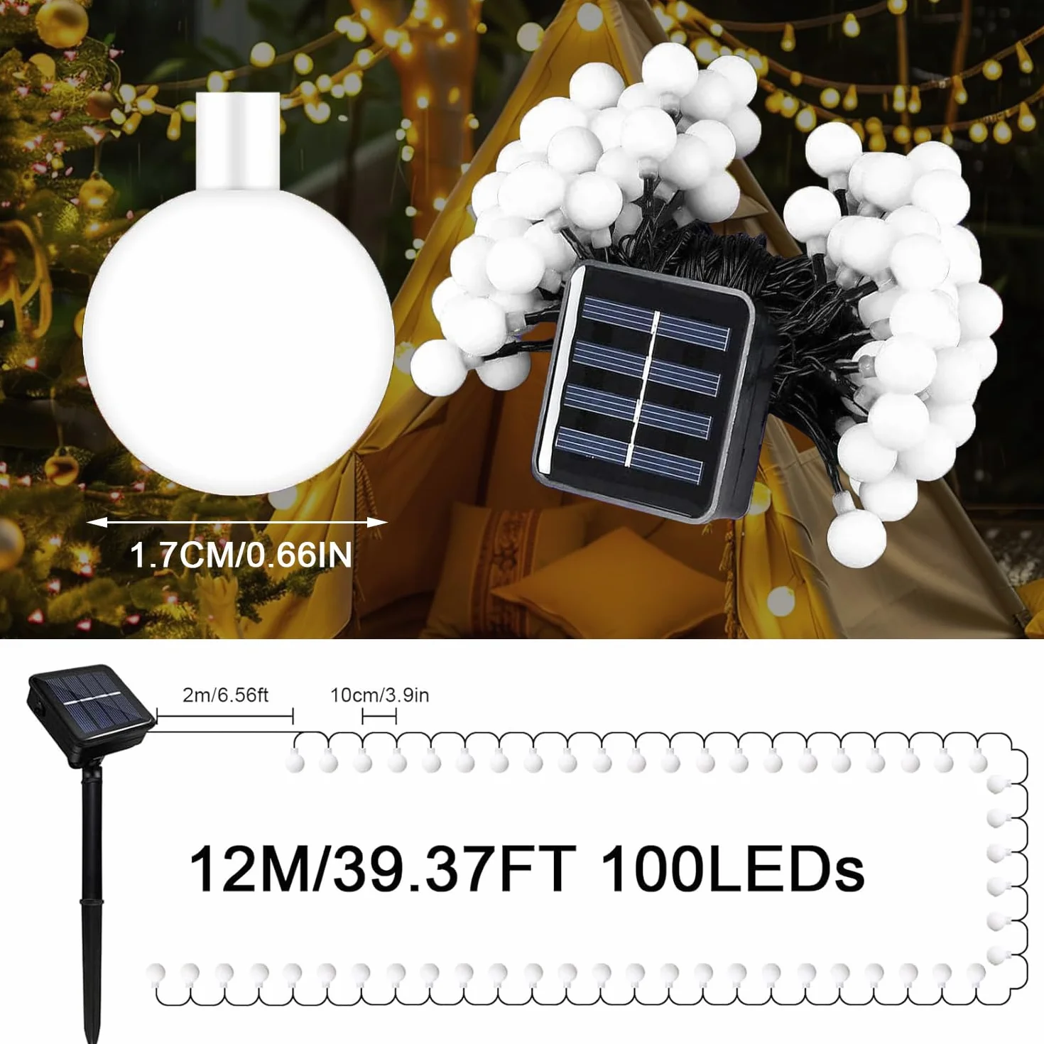 Solarne lampy ogrodowe na zewnątrz, 12 m, 100 diod LED, łańcuch świetlny z 8 trybami, dekoracja na podwórko, kemping, pawilon, imprezę, wesele, werandę, ciepła biel