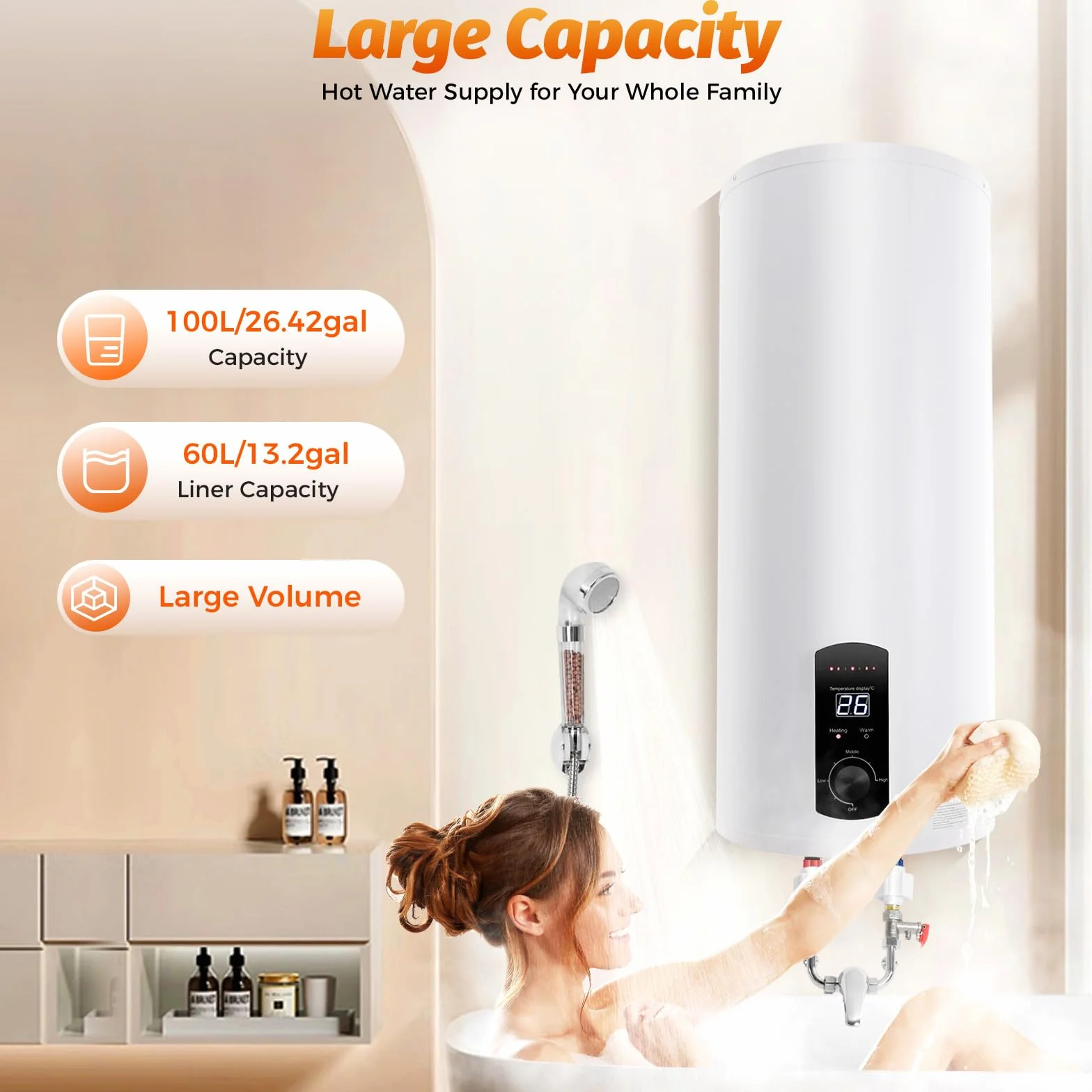 Zbiornik ciepłej wody Boiler 50L/80L/100L/120L, energooszczędny 2000 W, pionowy podgrzewacz wody, montowany na ścianie, maks. 75°C, z zabezpieczeniem przed wyciekiem, wtyczka G1/2 (100 l)
