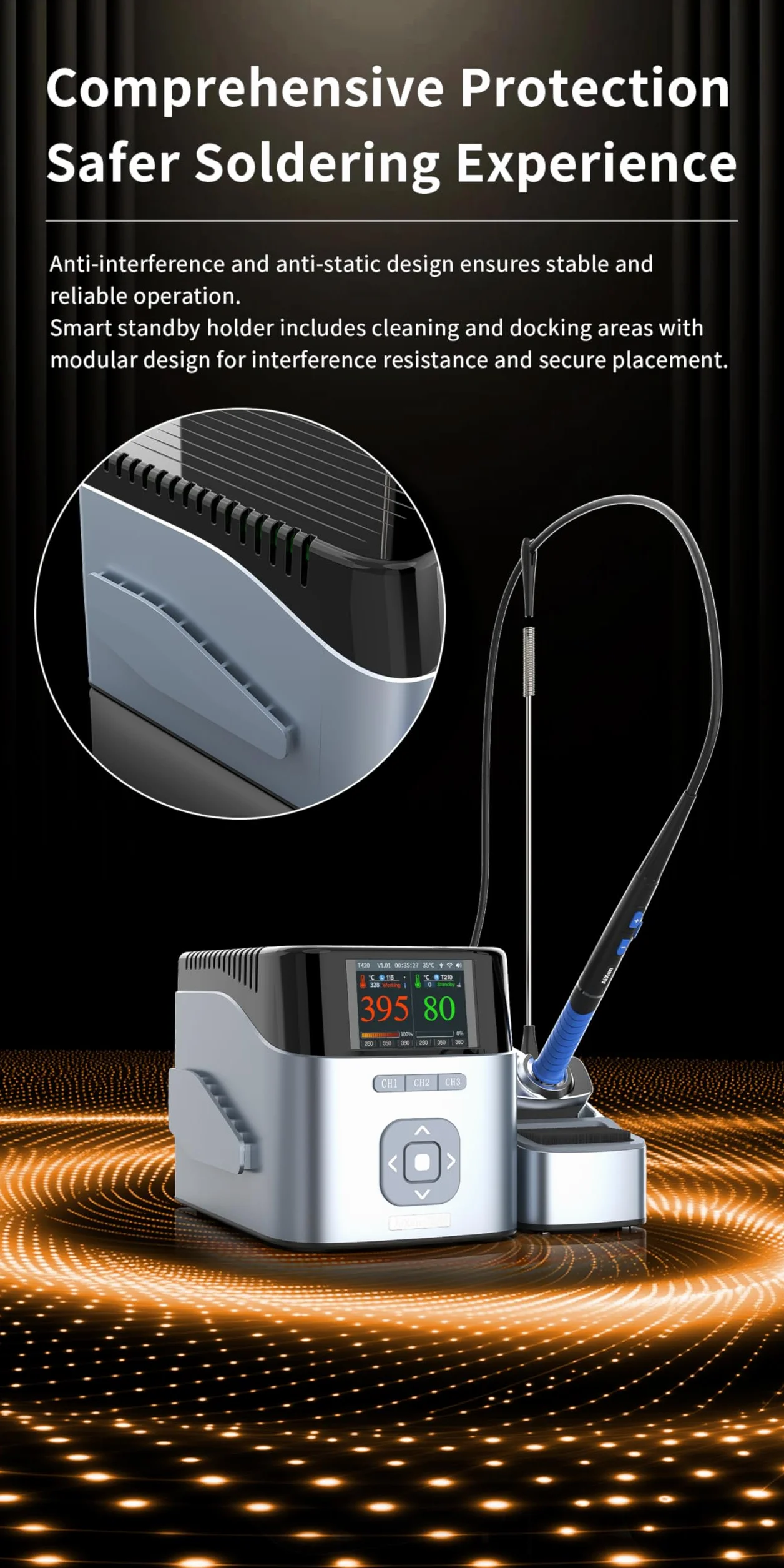 AiXun T420 dwukanałowa inteligentna stacja lutownicza 200 W, zestaw lutownicy elektrycznej 2 w 1 z uchwytem T225 i 3 końcówkami K do lutowania (C030, C080, C150)