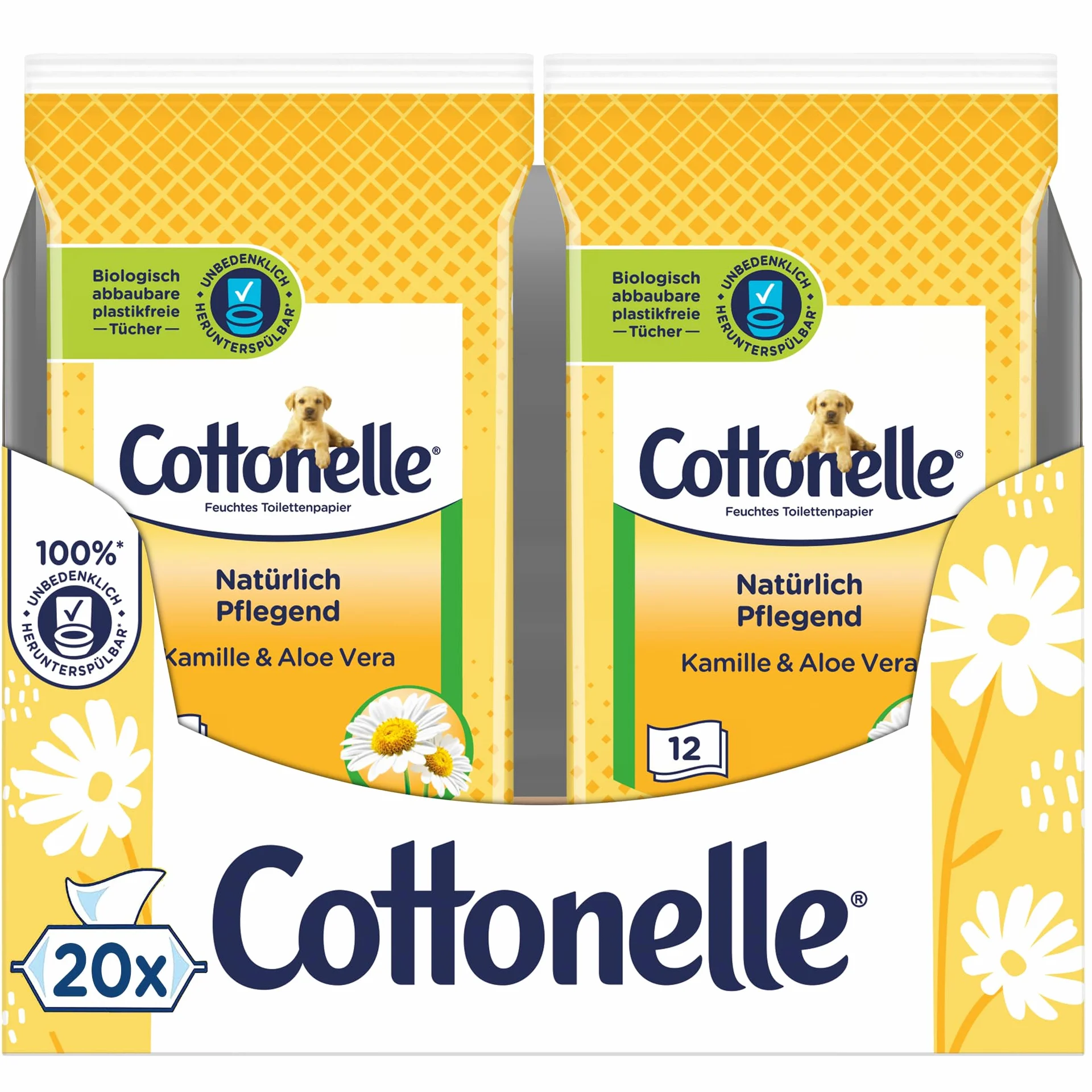 Cottonelle Wilgotny papier toaletowy do podróży, naturalnie pielęgnujący – rumianek i aloes, szybkie rozpuszczanie, 20 x 12 ściereczek, biodegradowalny