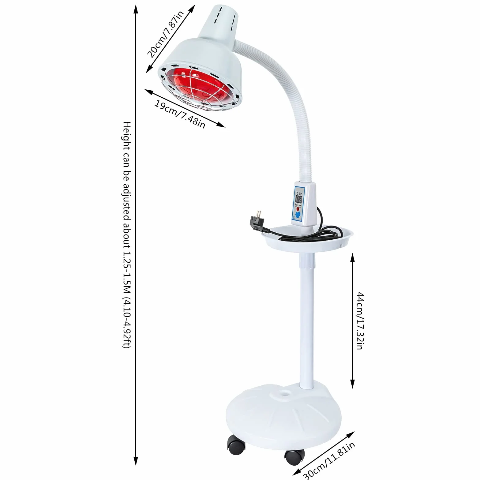 Lampa na podczerwień 275 W, czerwone światło, regulowana lampa grzewcza z timerem i kółkami, światło na podczerwień, do łagodzenia bólu, półka, dziesięć poziomów temperatury