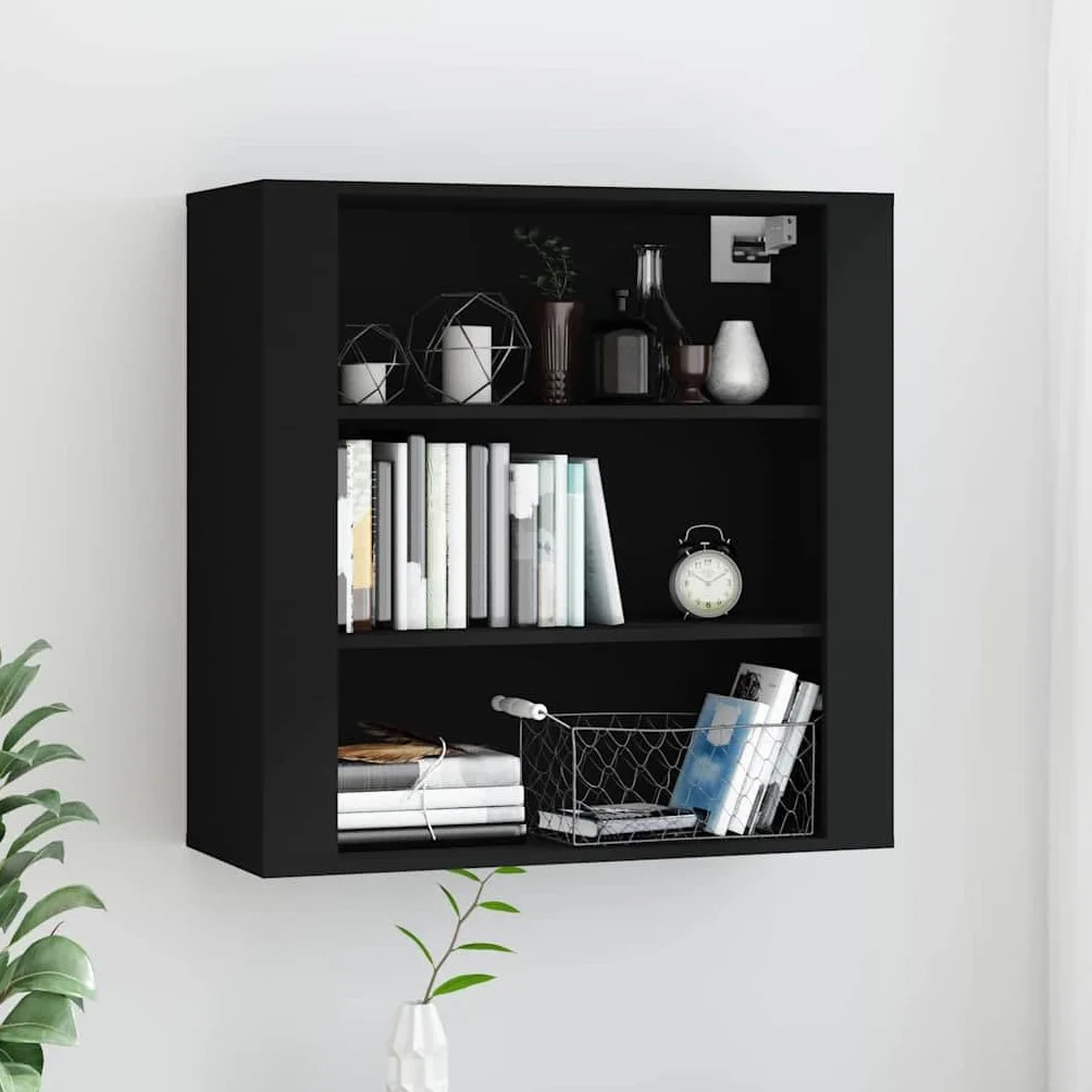 Szafka ścienna czarna z materiału drewnopochodnego 80 x 33 x 80 cm z 3 półkami, organizer do salonu, sypialni, kuchni i biura, do montażu na ścianie lub jako kredens