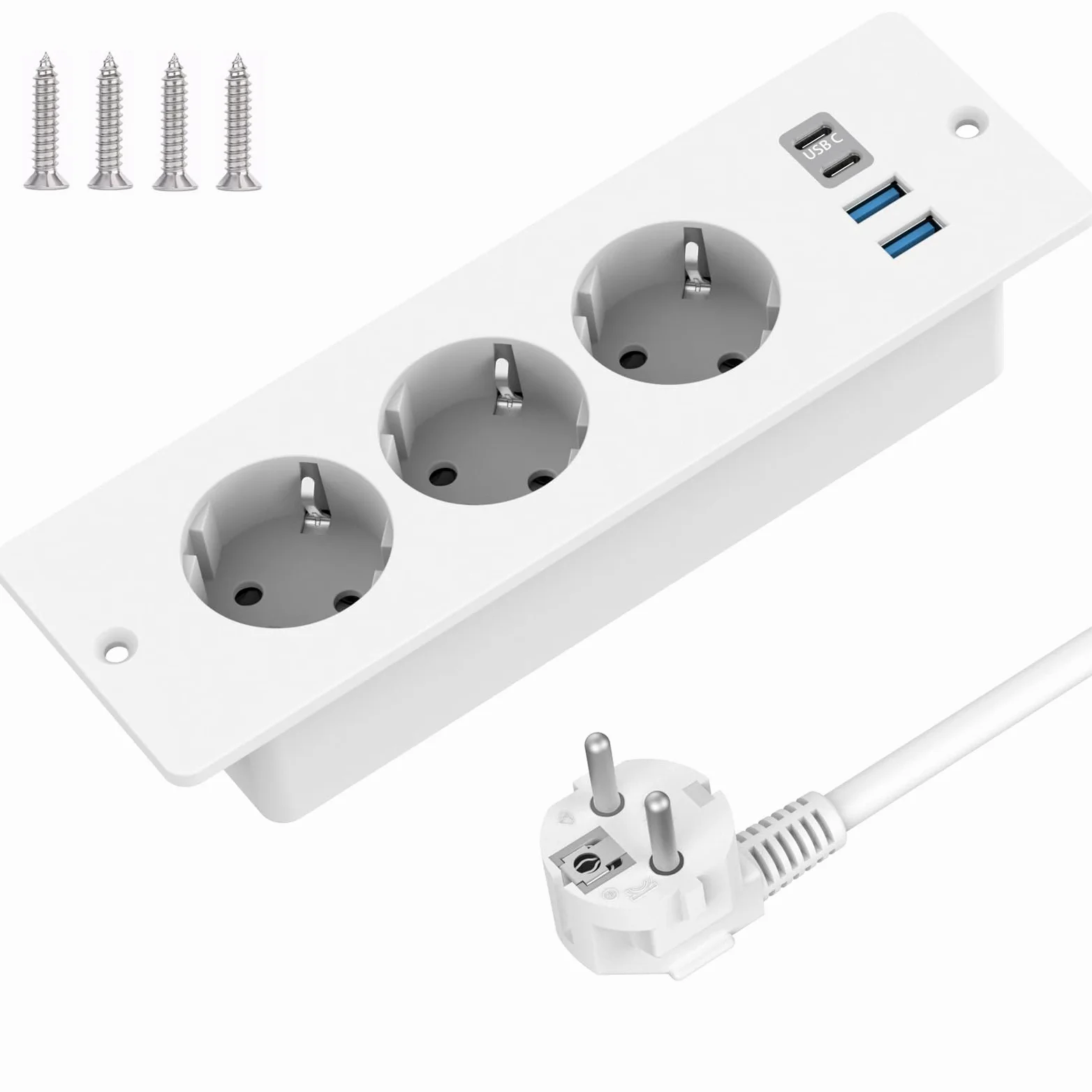 Blat wpuszczane gniazdko z 2 portami USB i 2 typami C, listwa zasilająca z 3 gniazdami do zabudowy, z kablem o długości 2 m, do mebli lub powierzchni roboczych (biała) | Listwa zasilająca z kablem 2 m, gniazdko stołowe, listwa zasilająca do mebli lub blat