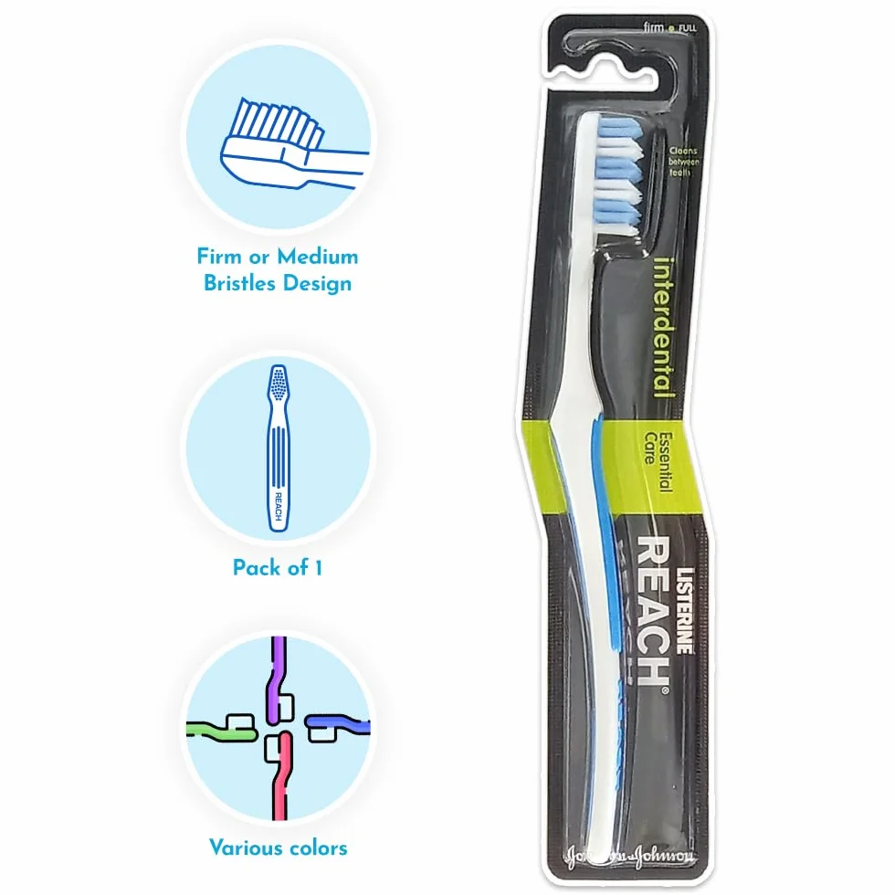 REACH Essential Care Interdental Firm szczoteczka do zębów, pojedyncze opakowanie x 12, ręczne szczoteczki do zębów z twardym włosiem na całą głowę, różne kolory, wielopak, codzienna pielęgnacja jamy