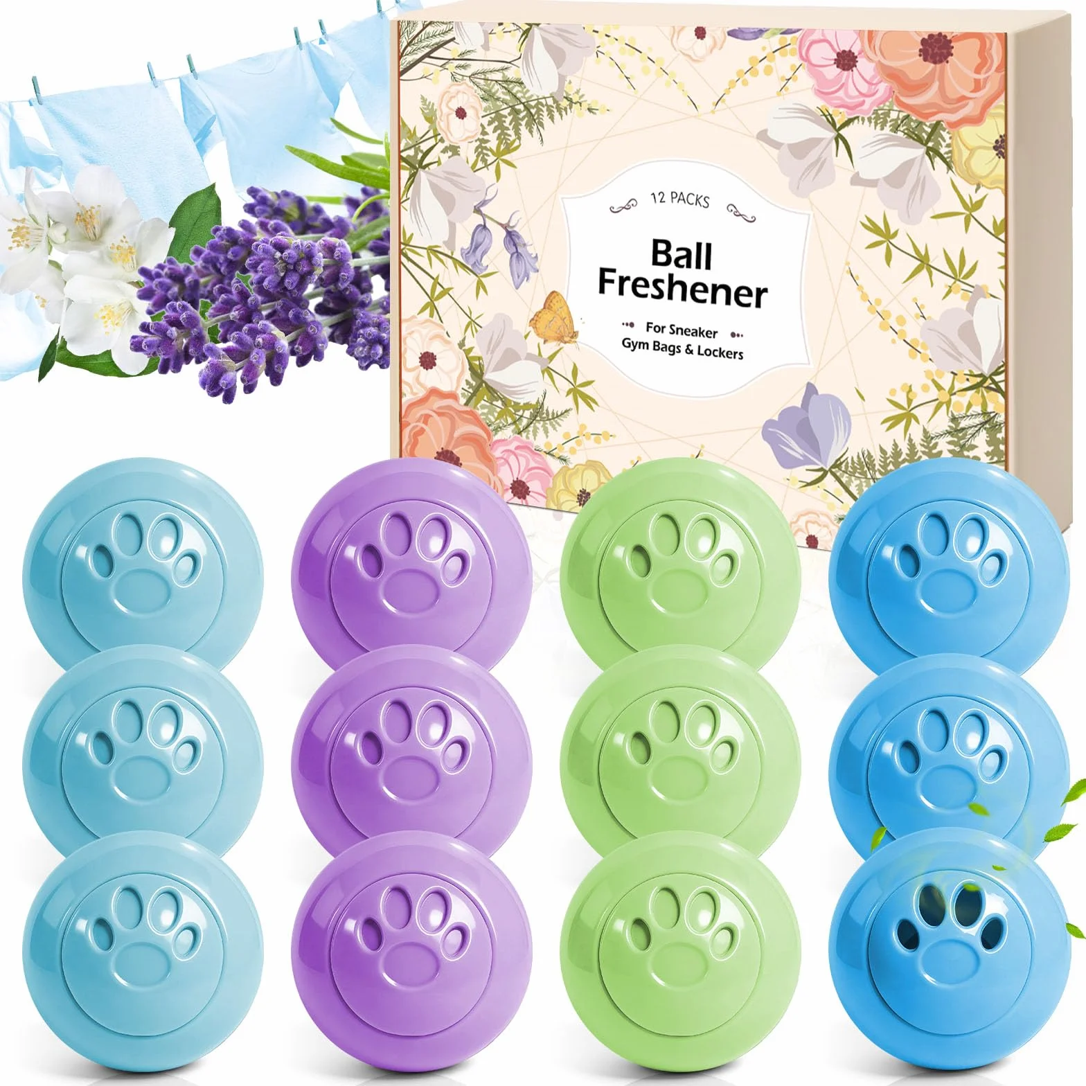 Kulki dezodoryzujące Scent-Hi – do butów, torb, domu, biura i auta; zapachy: pudrowy, jaśmin, lawenda, lniany; 12 szt.