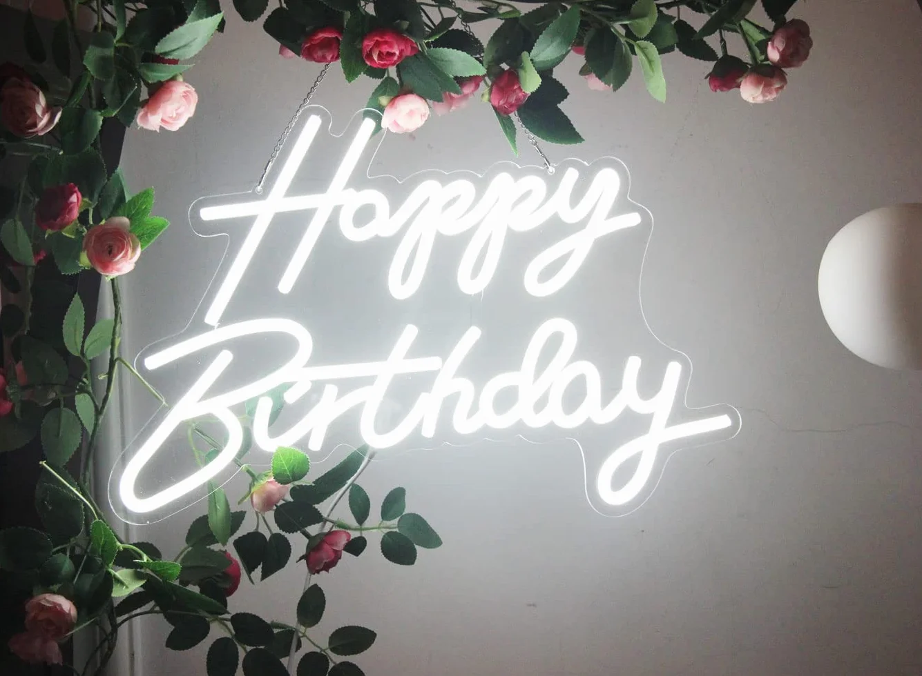 Neonowy znak LED „Happy Birthday”, nocny, dekoracja na przyjęcie urodzinowe, biały, zasilany przez USB, tło na przyjęcie, do sypialni, ścienny, 5 V