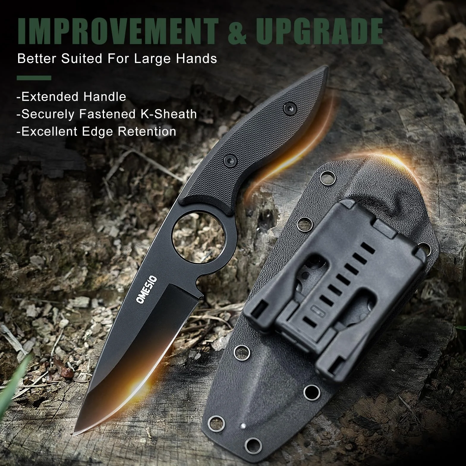 Omesio Large Outdoor Knife Doskonałej Jakości Stal 5cr13mov O Konstrukcji Full Tang - Stałe Ostrze 8,5 Cm - Duży Nóż Do Paska Z Ergonomiczną Rękojeścią Z G10 - W Komplecie Kydexowa Pochwa I Klips (Cza