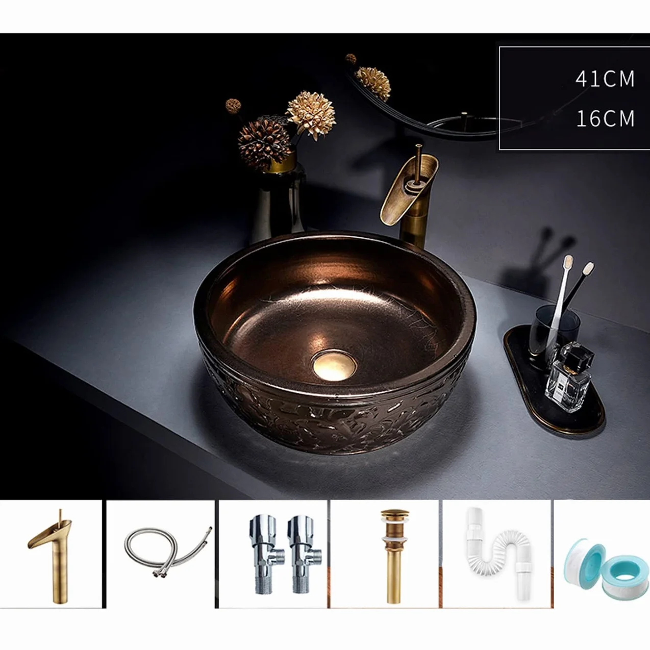 Zestaw Z Okrągłą Umywalką Nablatową I Baterią, Kreatywna Umywalka Łazienkowa Z Porcelany Z Metalową Glazurą, Umywalka Nablatowa Ceramiczna Do Łazienki W Barze