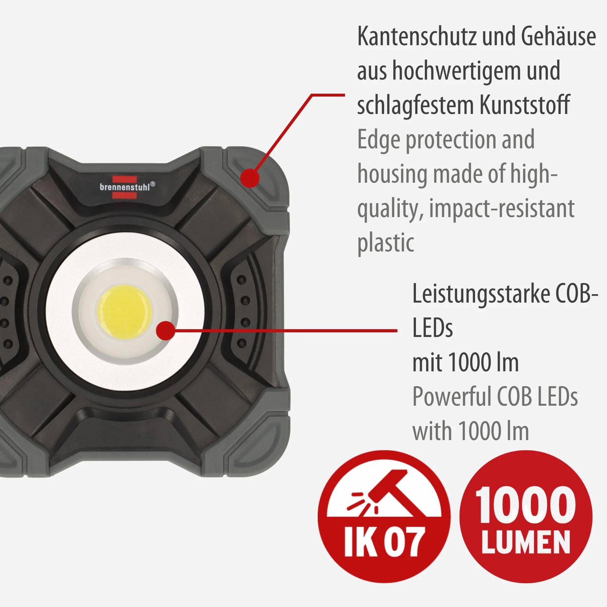 Brennenstuhl Reflektor LED SH 1000 MAC (1000lm, IP54, lampa robocza LED z magnesem i pierścieniem karabinka, solidna obudowa)