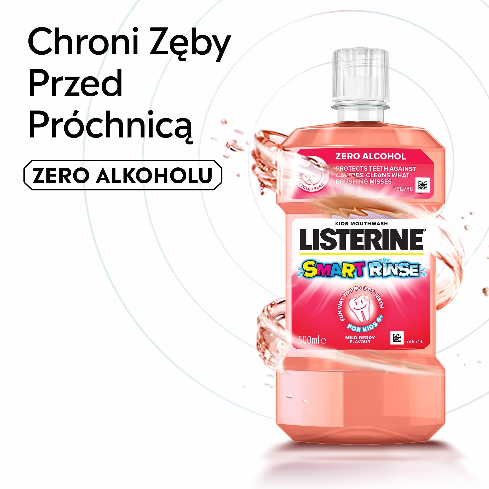 LISTERINE Smart Rinse Berry 500 ml, Płyn do płukania jamy ustnej dla dzieci o łagodnym, owocowym smaku bez alkoholu i cukru, Chroni przed próchnicą, Odpowiedni dla dzieci od 6 roku życia
