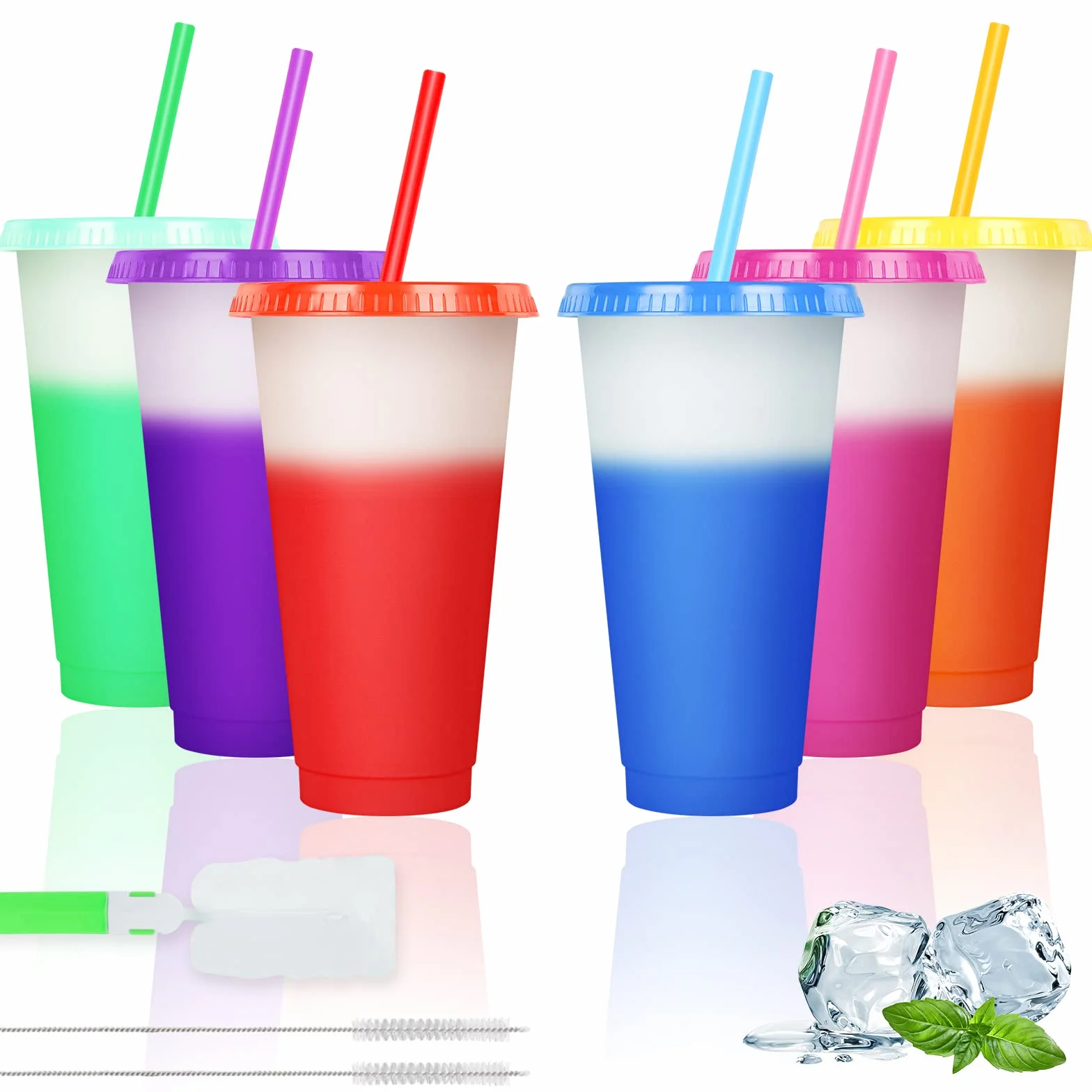 AUAUY Wielokrotnego użytku kubeczek zmieniający kolor, zestaw 6 sztuk, wolny od BPA, plastikowy kubek podróżny, 710 ml, kubeczek do lodów z pokrywką i słomką, butelka do koktajli mlecznych, magiczny