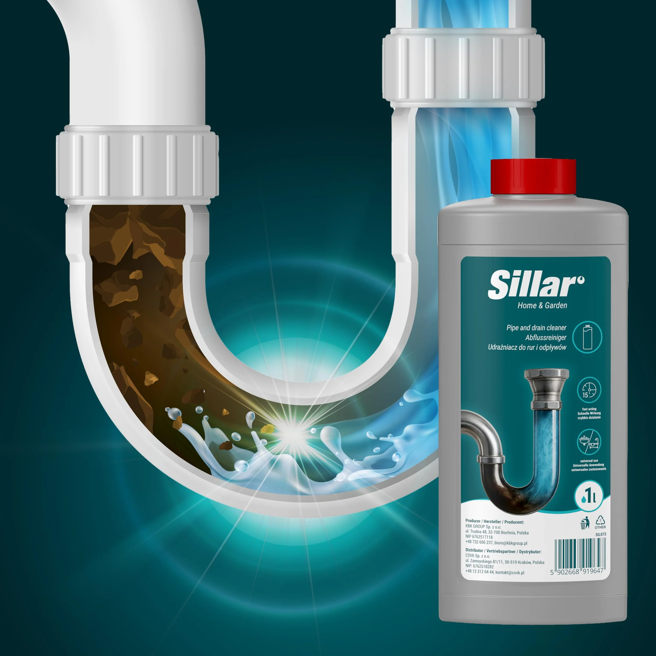Sillar Żel do udrażniania rur 3x 1000ml EXTRA MOCNY, rozpuszcza włosy, tłuszcz i resztki – do kuchni, prysznica i WC, efekt piany