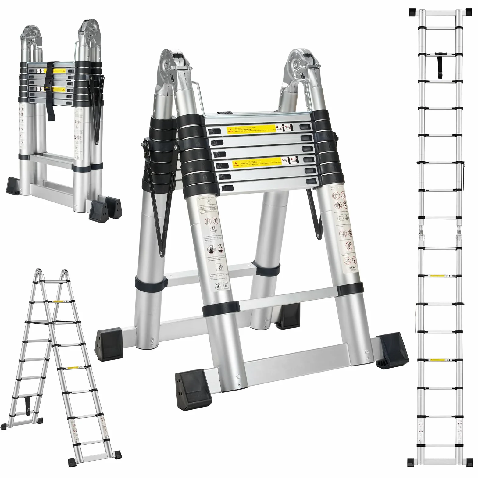 STANEW 5 m (2,5 + 2,5 m) aluminiowa drabina teleskopowa, składana, duża, wielofunkcyjna, 2 w 1, aluminiowa drabina z zapięciem przegubowym, maks. obciążenie: 150 kg, srebrna