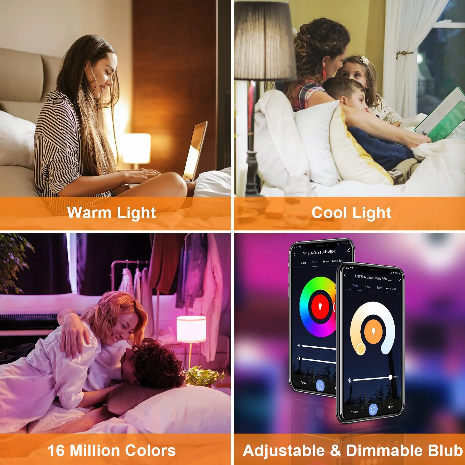 ANTELA E14 Inteligentna żarówka LED WiFi 806 lm, 16 milionów kolorów, ciepłe zimne światło 2700 do 6500 K, kompatybilna z Alexa i Google Home, żywotność 15000 godzin, 4 szt