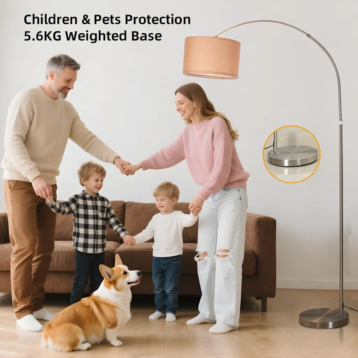 ANTENLICHT AURA Lampa łukowa z pilotem, czarna | Lampa podłogowa do salonu z regulacją jasności | W zestawie: żarówka LED E27 | Brązowy abażur z tkaniny 33 cm | Przełącznik nożny