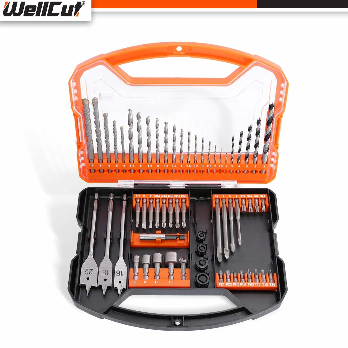 Wellcut 62-częściowy zestaw wierteł HSS / wierteł do drewna i śrubokrętów z magnetycznym uchwytem do bitów