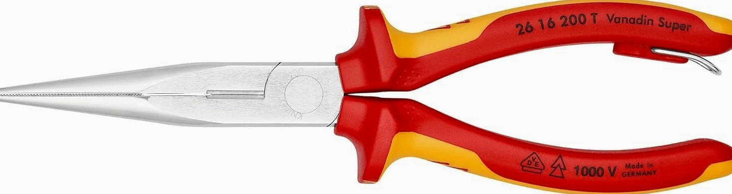 KNIPEX Szczypce tnące półokrągłe (wydłużone typu bociani dziób”) w blister chromowany z wielokomponentowymi nasadkami izolowanymi wg, 26 16 200 T BK
