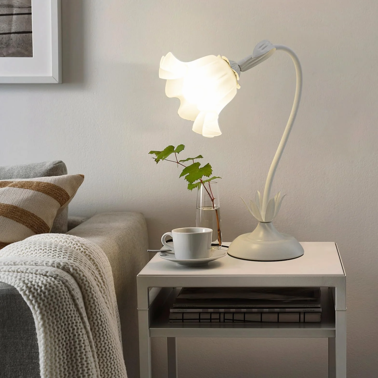 Biała lampa nocna, akrylowa lampa stołowa z kwiatami, metalowa lampka biurkowa dla dziewczynek, abażur z akrylu, wolno obrotowa lampa do sypialni, salonu, z trójkolorowym oświetleniem, 50 cm