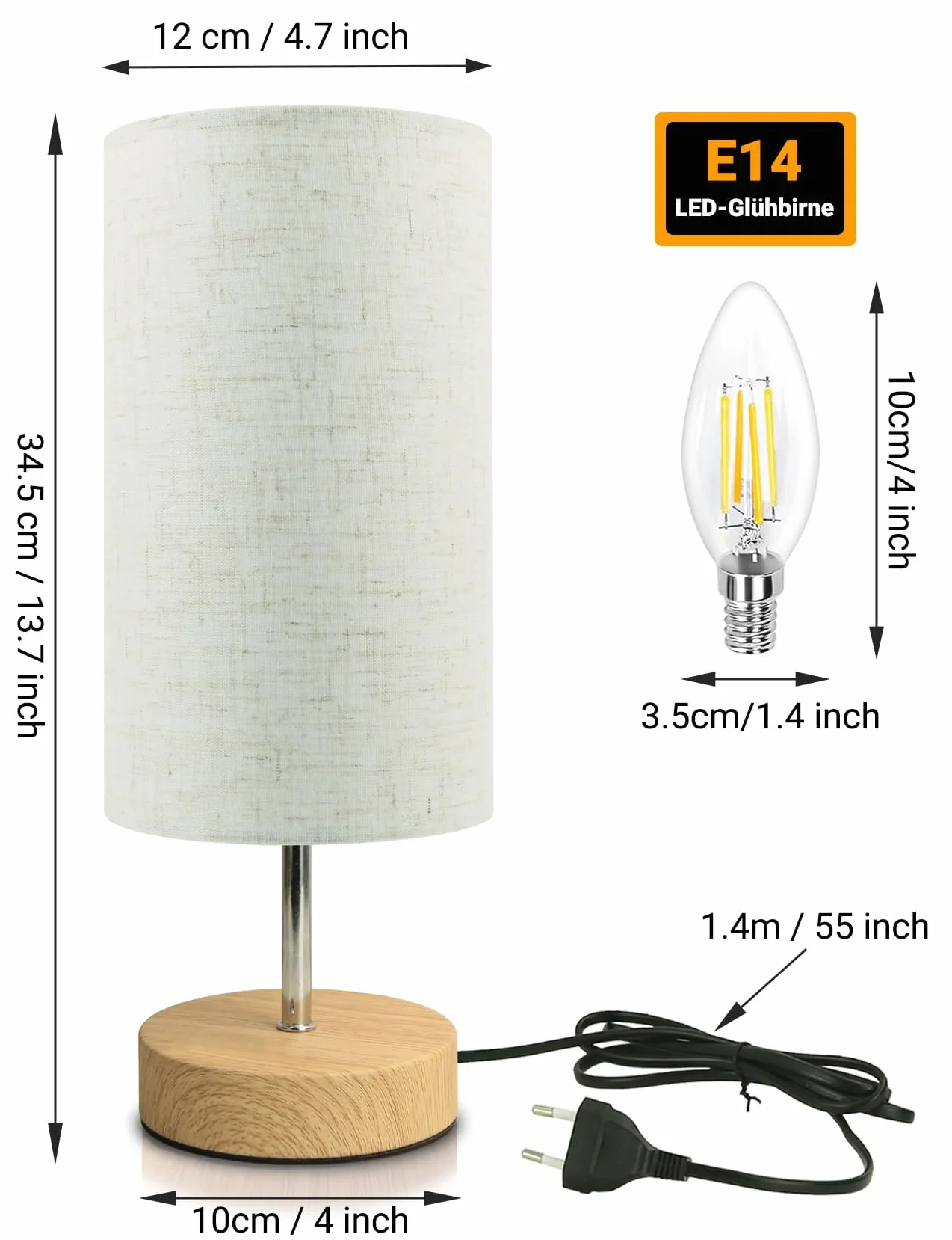 Dotykowa lampka nocna, 34 cm ściemnialna sterowanie dotykowe lampa stołowa LED nowoczesna lampa stołowa retro z żarówką do czytania salon pokój dziecięcy klosz z tkaniny do sypialni hotelu
