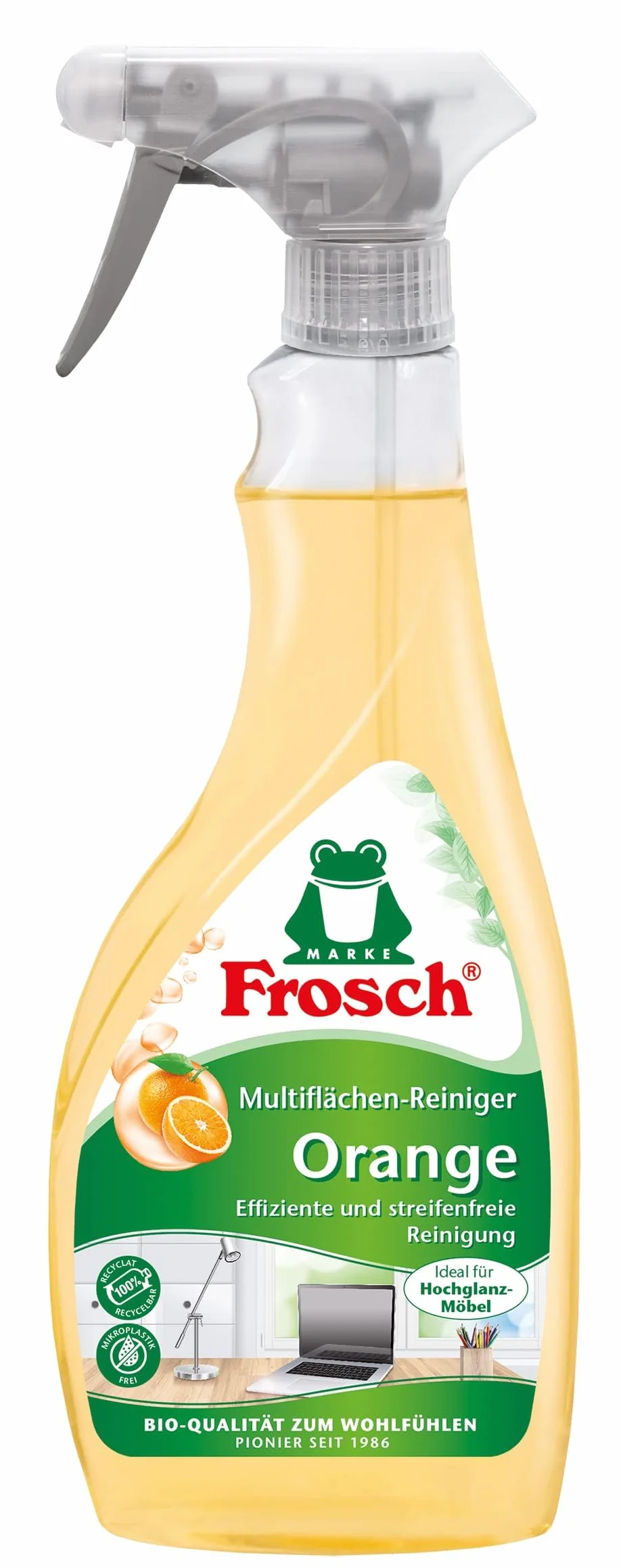 Frosch Pomarańczowy środek do czyszczenia powierzchni bez smug i silnej czystości na wszystkich gładkich powierzchniach, butelka z rozpylaczem, 1 opakowanie (1 x 500 ml)
