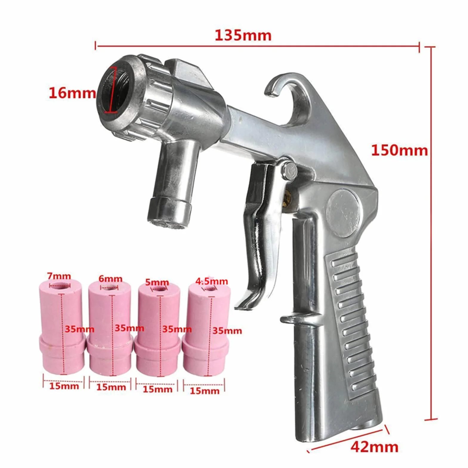 Pistolet do piaskowania, pistolet na sprężone powietrze, z 4 końcówkami ceramicznymi, zestaw do piaskowania