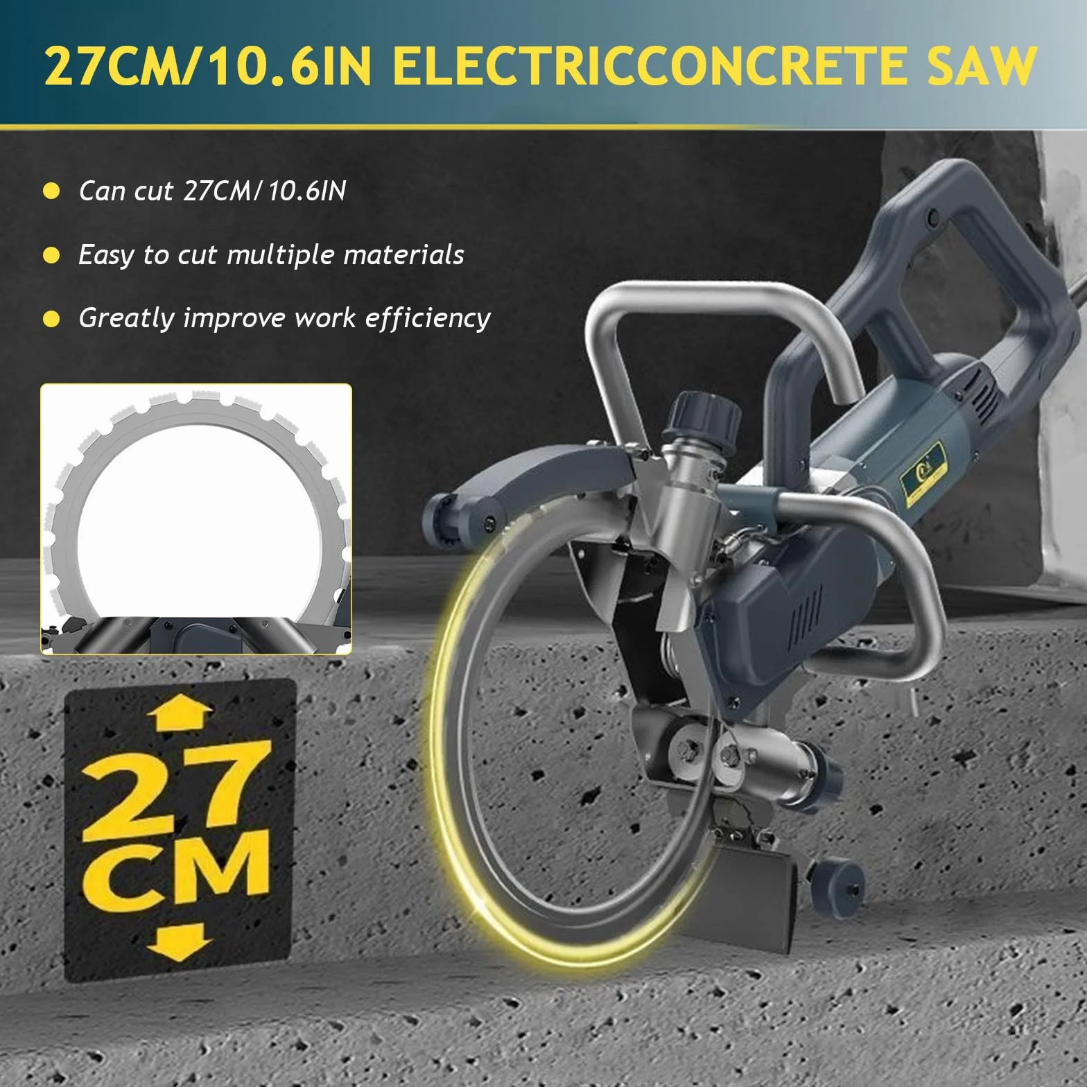 Piła do betonu, elektryczna maszyna do cięcia ścian, piła tarczowa z diamentową tarczą murarską, głębokość cięcia 270 mm, sucha, mokra, dwufunkcyjna, bezpyłowa do prac budowlanych i remontowych,9500W