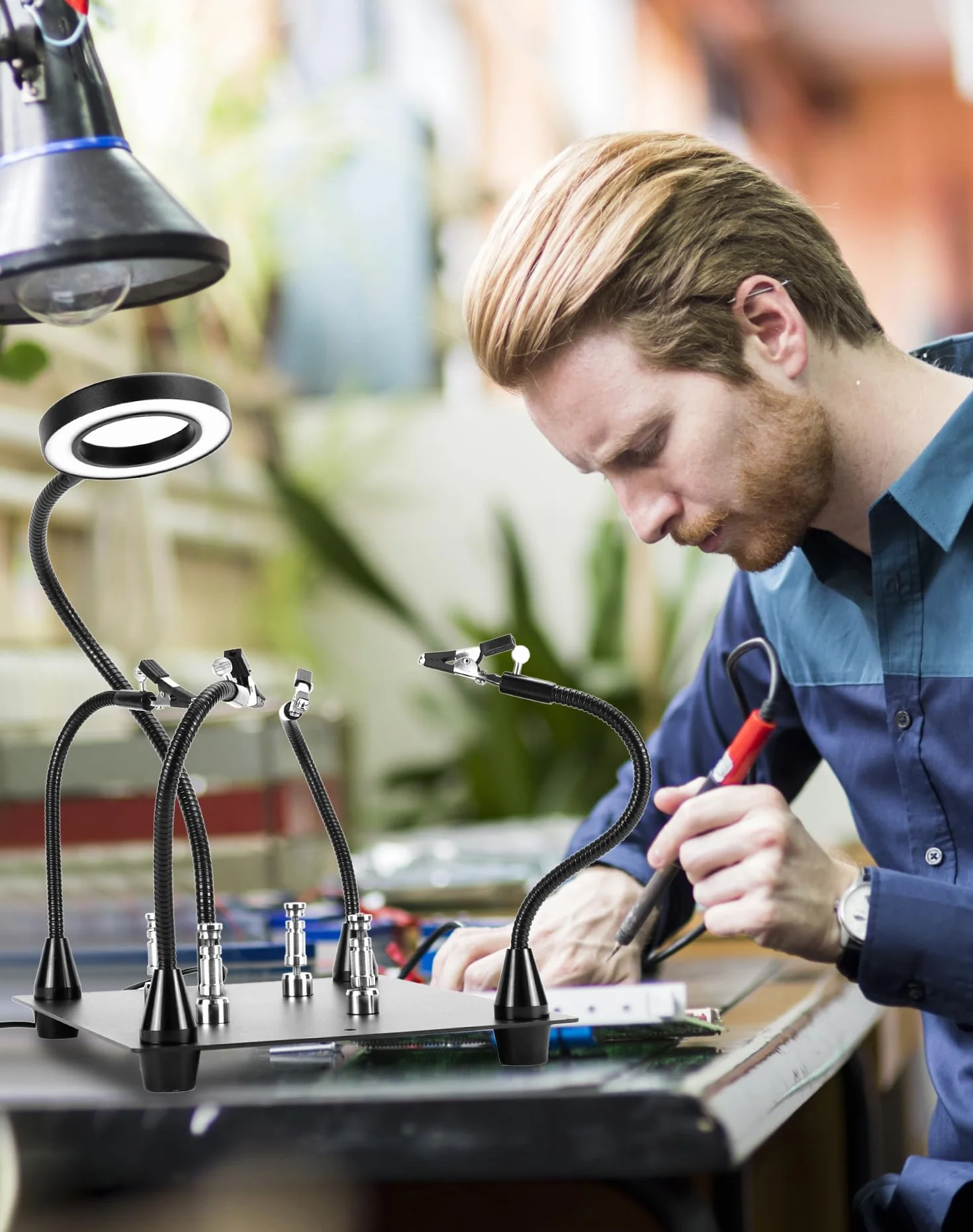 QWORK® Lutowanie z trzeciej ręki, z lampą powiększającą LED 6X, 4 ramionami pomocniczymi do lutowania, 4 kolumnami PCB