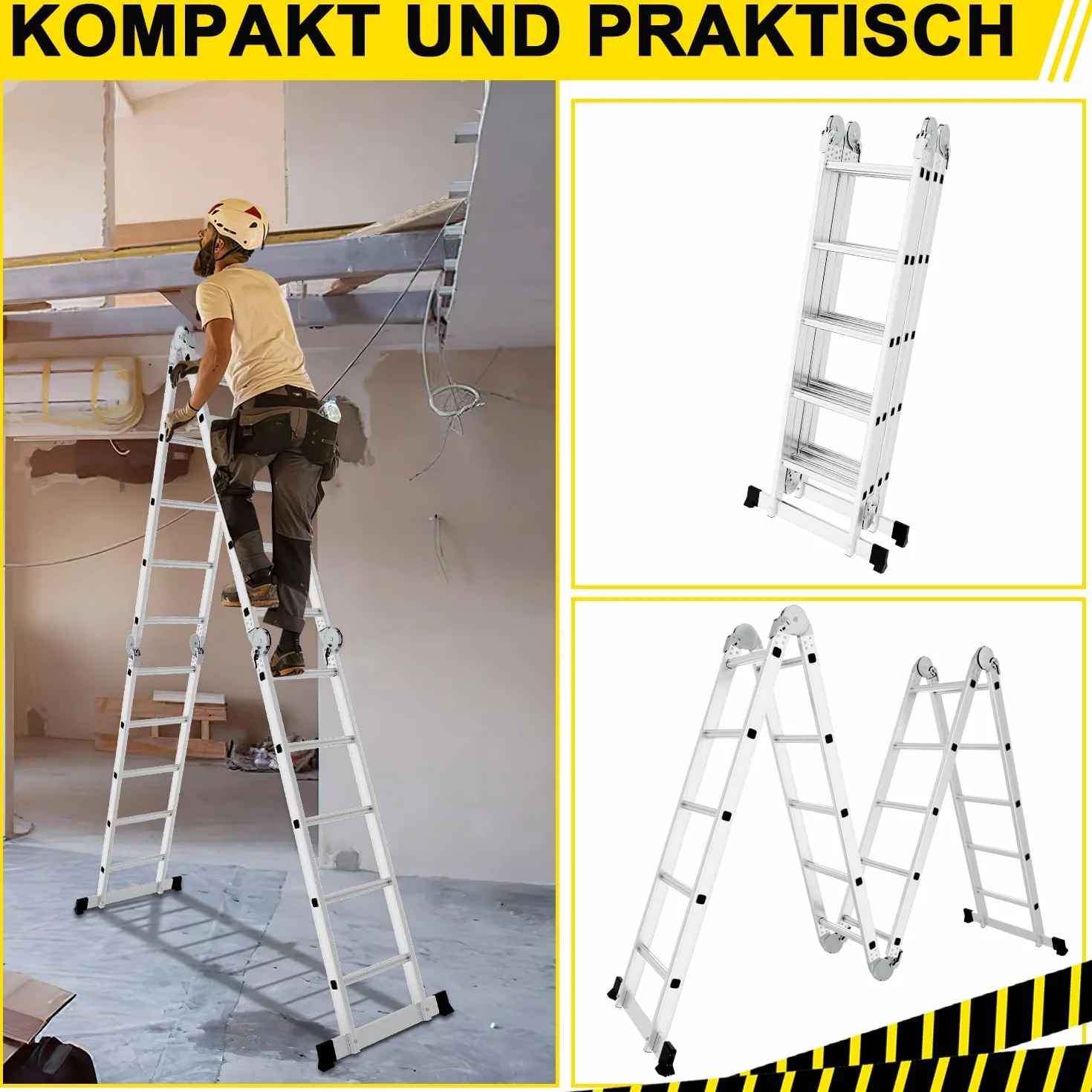 Randaco Wielofunkcyjna drabina 7 w 1, 582 cm, 4 x 5, aluminiowa, wielofunkcyjna, z 2 platformami i kółkami, drabina wielofunkcyjna, 20 szczebli, maks. obciążenie 150 kg, drabina przegubowa