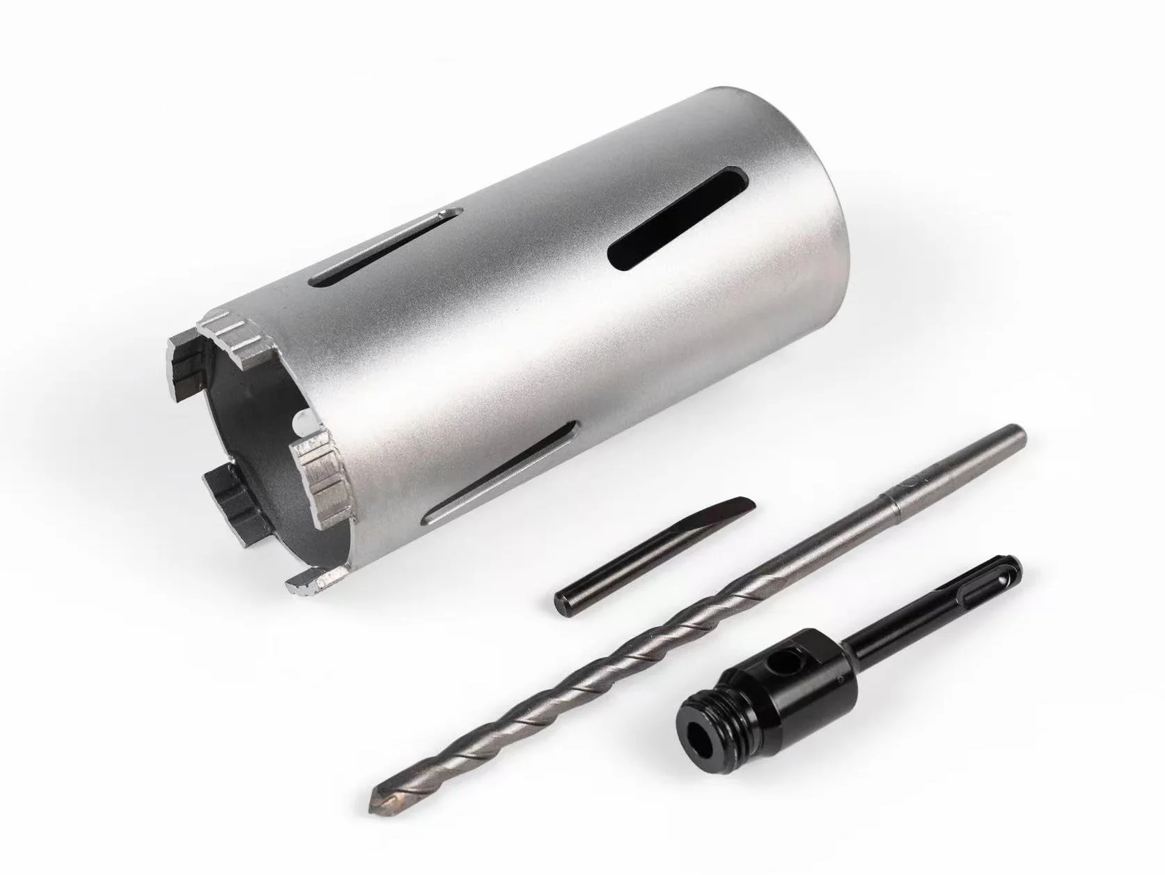 Diamentowa koronka wiertnicza/wiertło rdzeniowe/wiertło puszkowe DM 32-150 mm L 200 mm wraz z adapterem SDS-PLUS i wiertłem centrującym – kompletny zestaw do młotowiertarki – natychmiast gotowy do