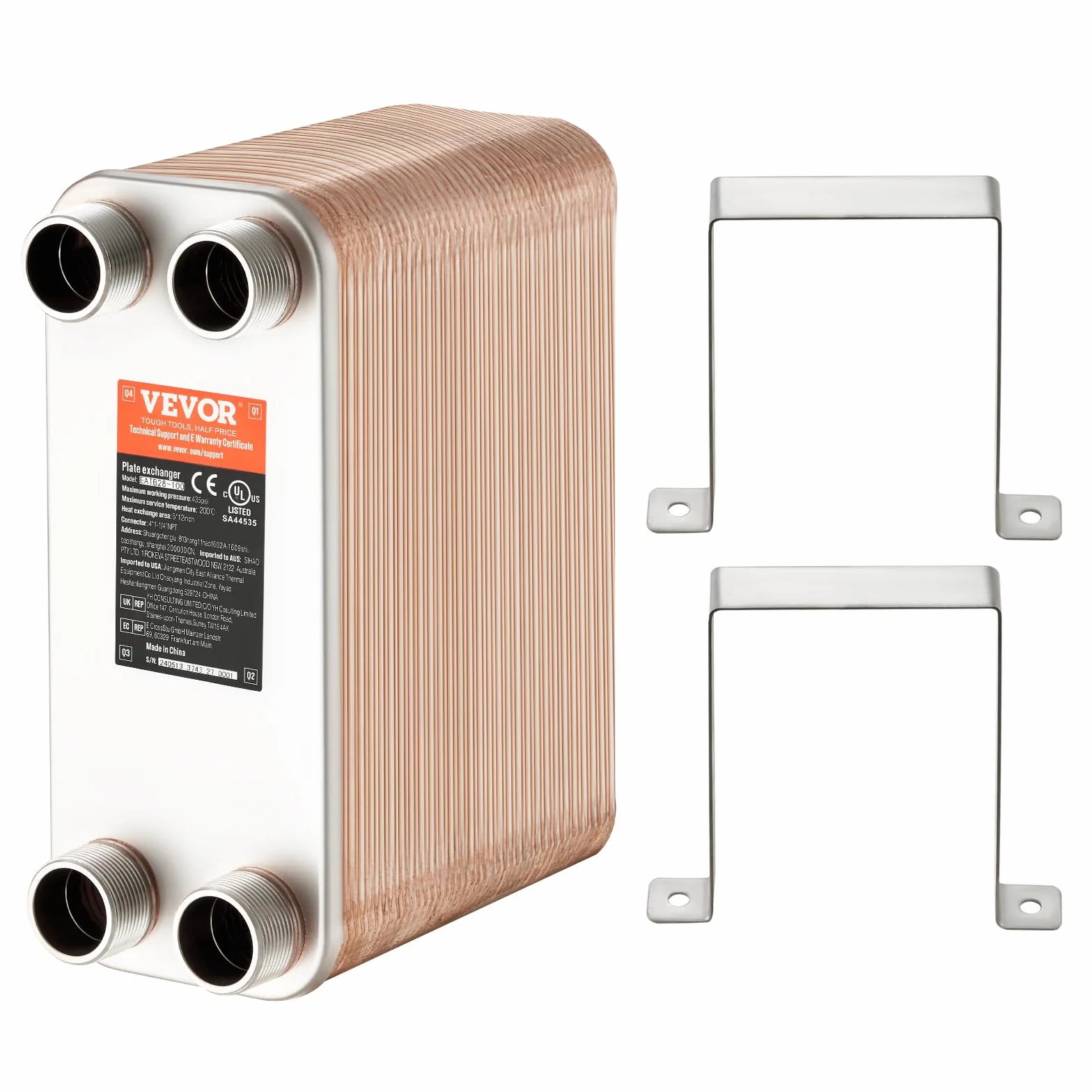 VEVOR Lutowany wymiennik ciepła płytowy 127x305 mm 80 płyt miedziany/stal nierdzewna 316L do ogrzewania podłogowego, ogrzewania wody, topniejący śnieg, chłodzenie piwa