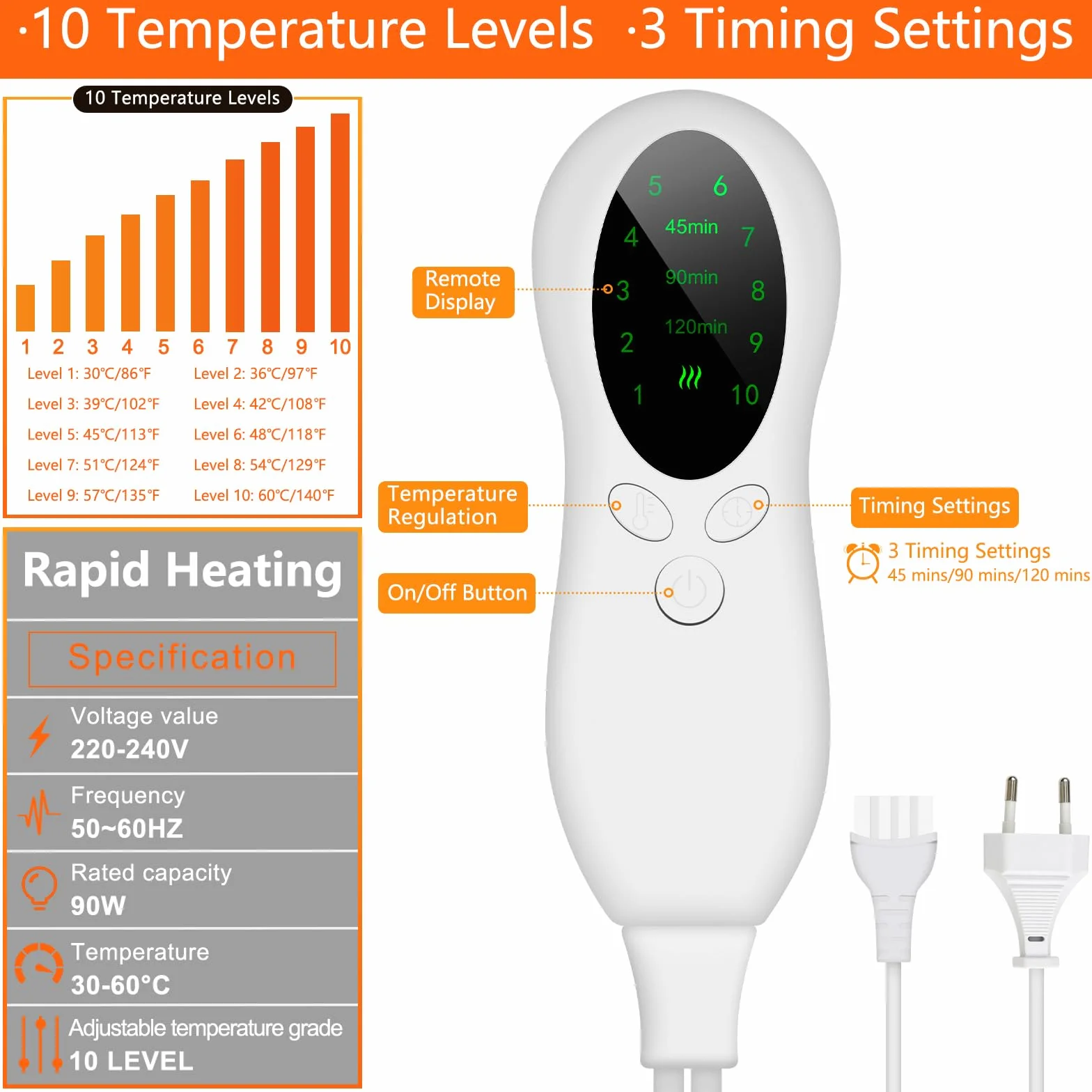 Biutee Elektryczny ogrzewacz stóp, 10 poziomów temperatury, 3 timery, 30-60°C, można prać w pralce