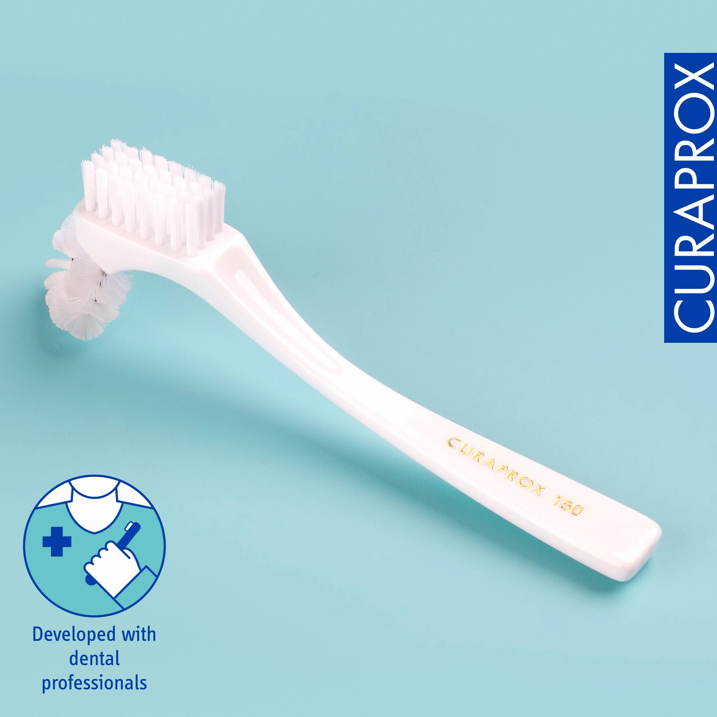 CURAPROX Szczotka do czyszczenia protez BDC-do pielęgnacji protez/konstrukcja szczotki Omega do Trudno Dostępnych miejsc/Ergonomiczny uchwyt, biały/zaprojektowany w Szwajcarii